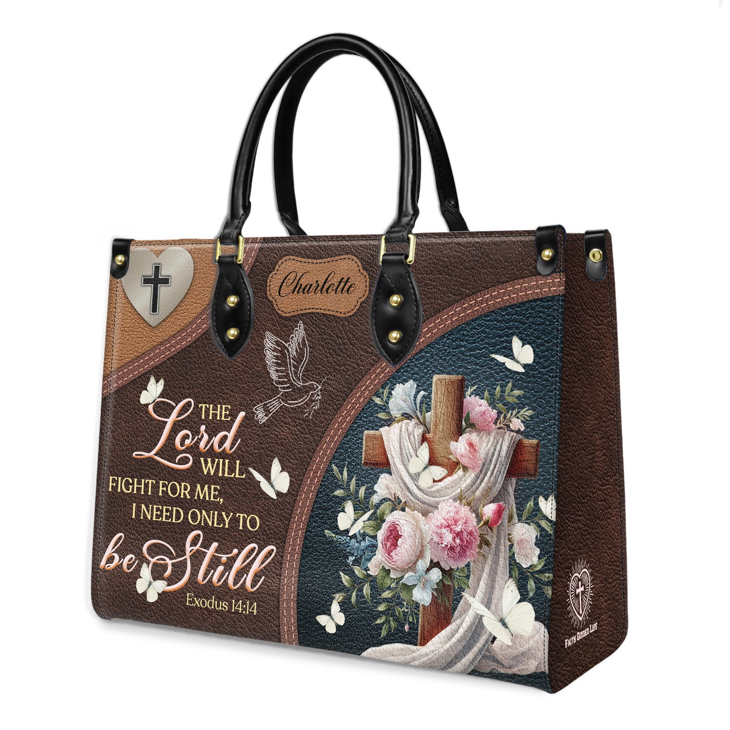The Lord Will Fight For Me I Need Only Be Still Exodus 14:14 Personalized Faith Leather Handbag