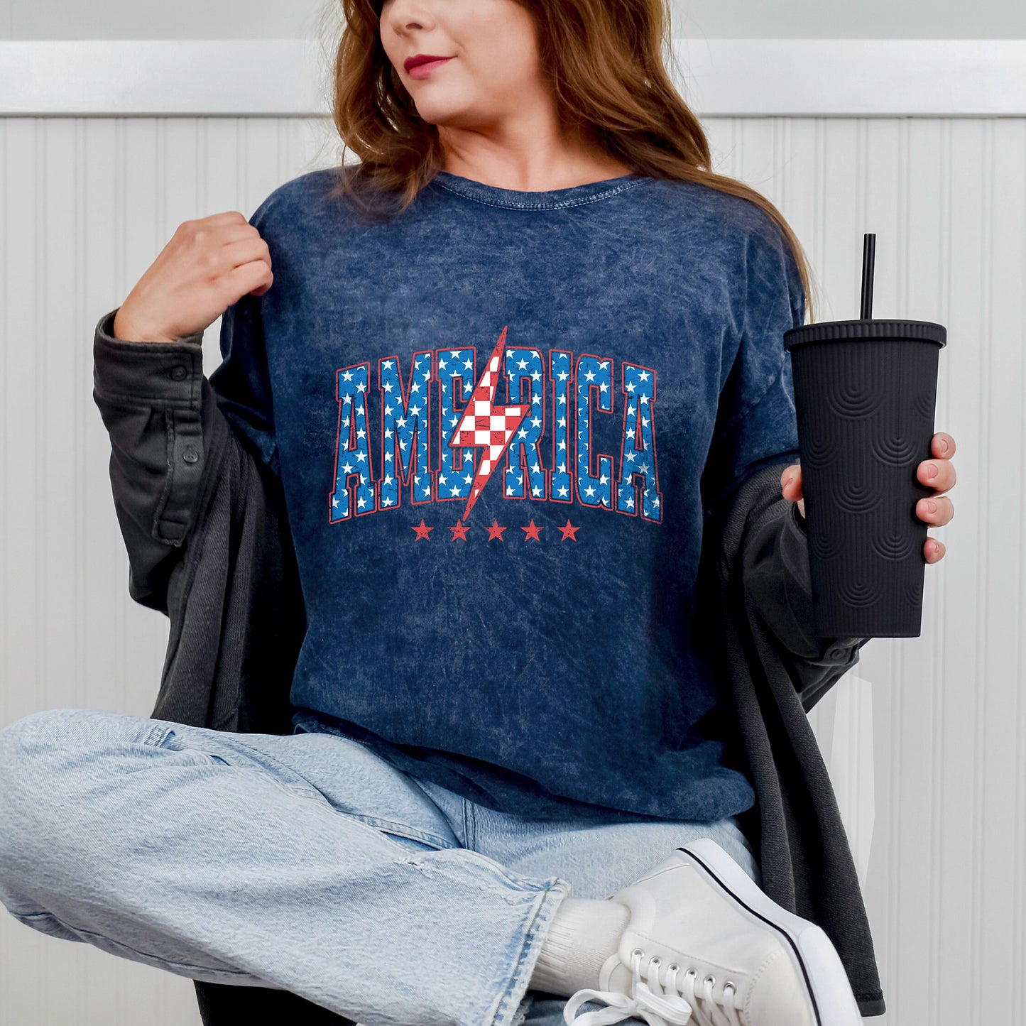 "America Lightning Bolt" Unisex Vintage Washed Cotton T-Shirt | Stars & Stripes Patriotic Tee | Faith Guided Life Apparel