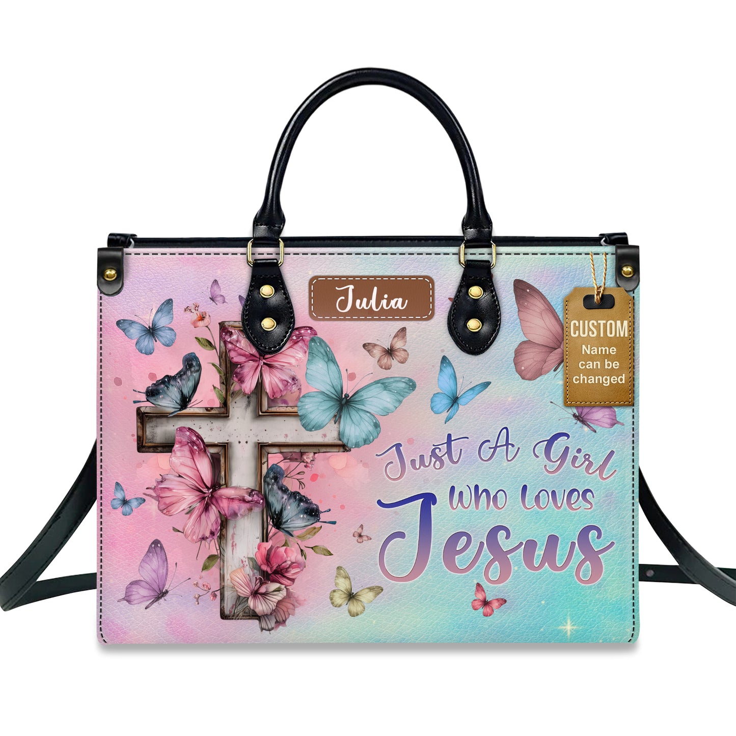 Just A Girl Who Loves Jesus Butterfly Cross Personalized Leather Handbag
