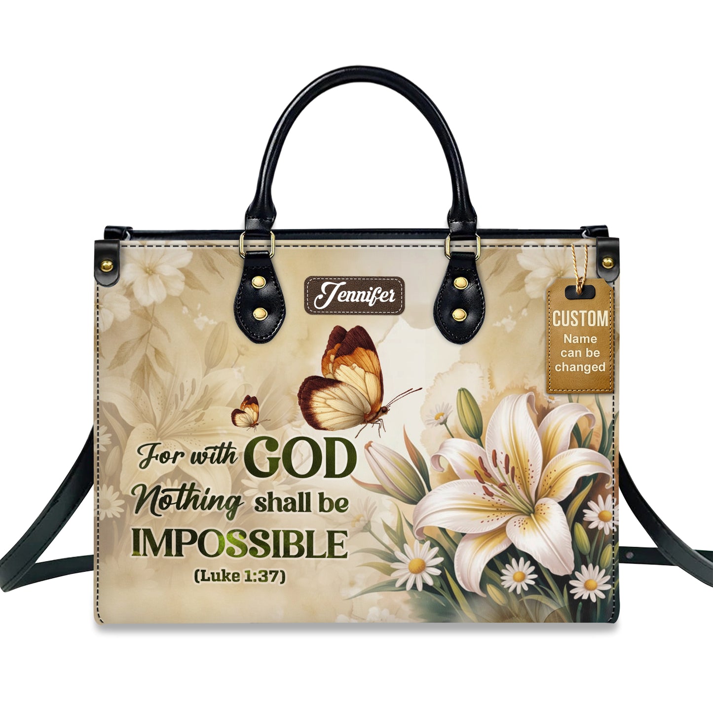 For With God Nothing Shall Be Impossible Luke 1:37 Personalized Leather Handbag