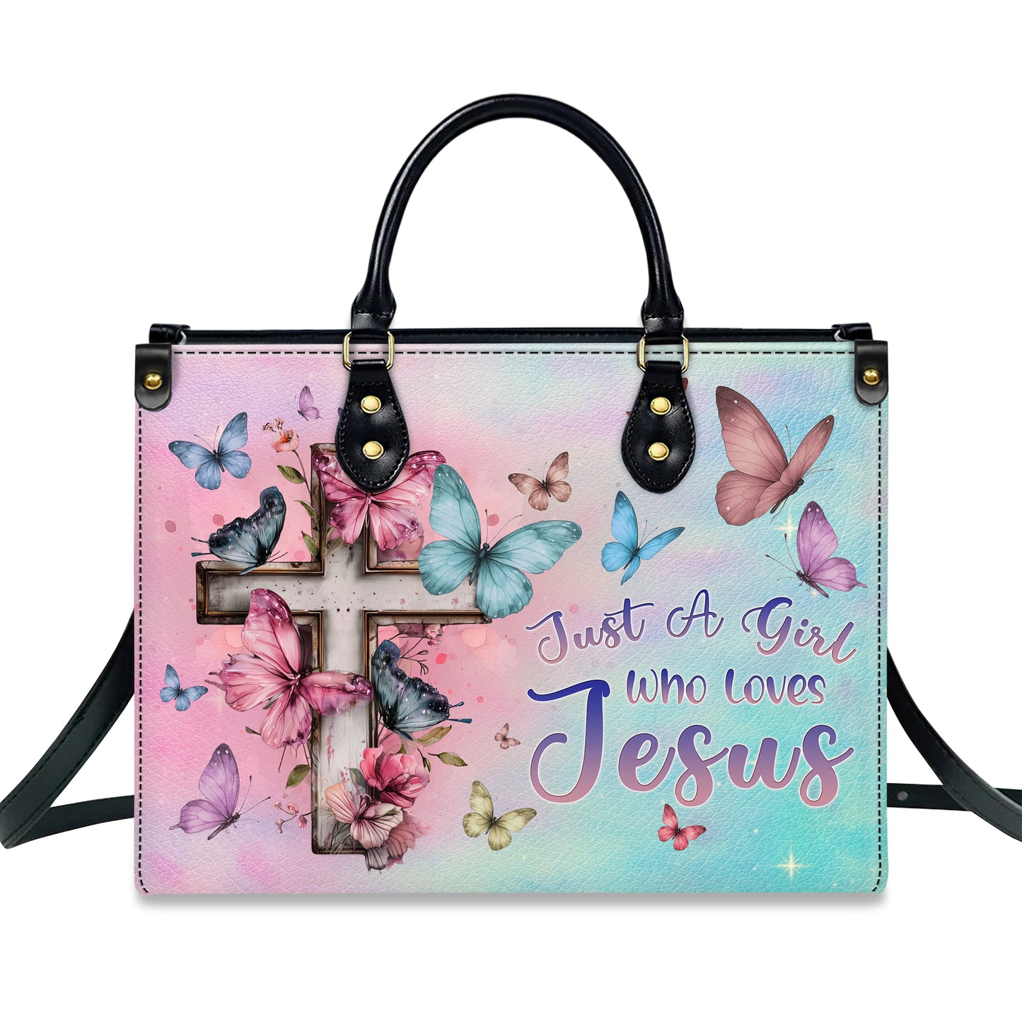 Just A Girl Who Loves Jesus Butterfly Cross Personalized Leather Handbag