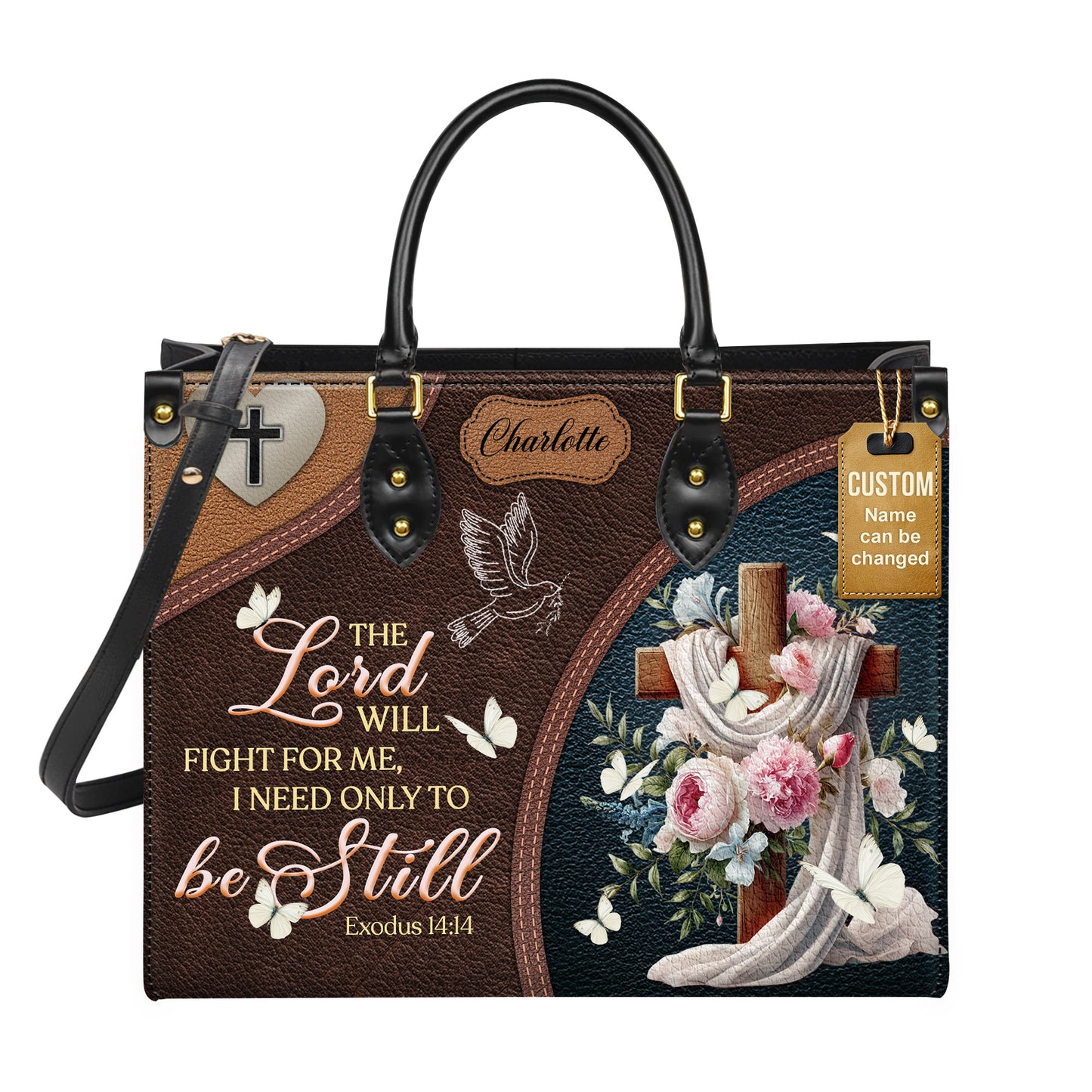 The Lord Will Fight For Me I Need Only Be Still Exodus 14:14 Personalized Faith Leather Handbag