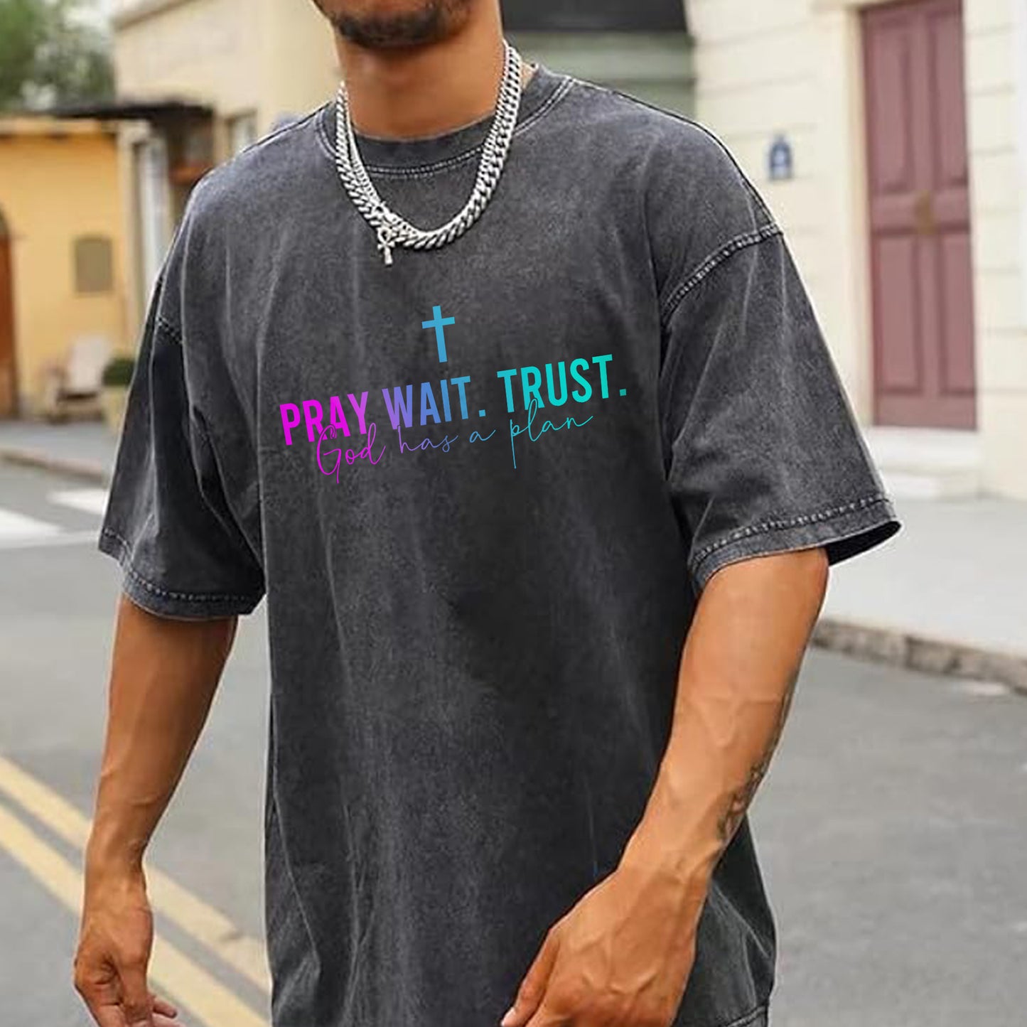 Pray Wait Trust God Has A Plan Unisex Vintage Washed T-Shirt - Divine Timing Faith Declaration
