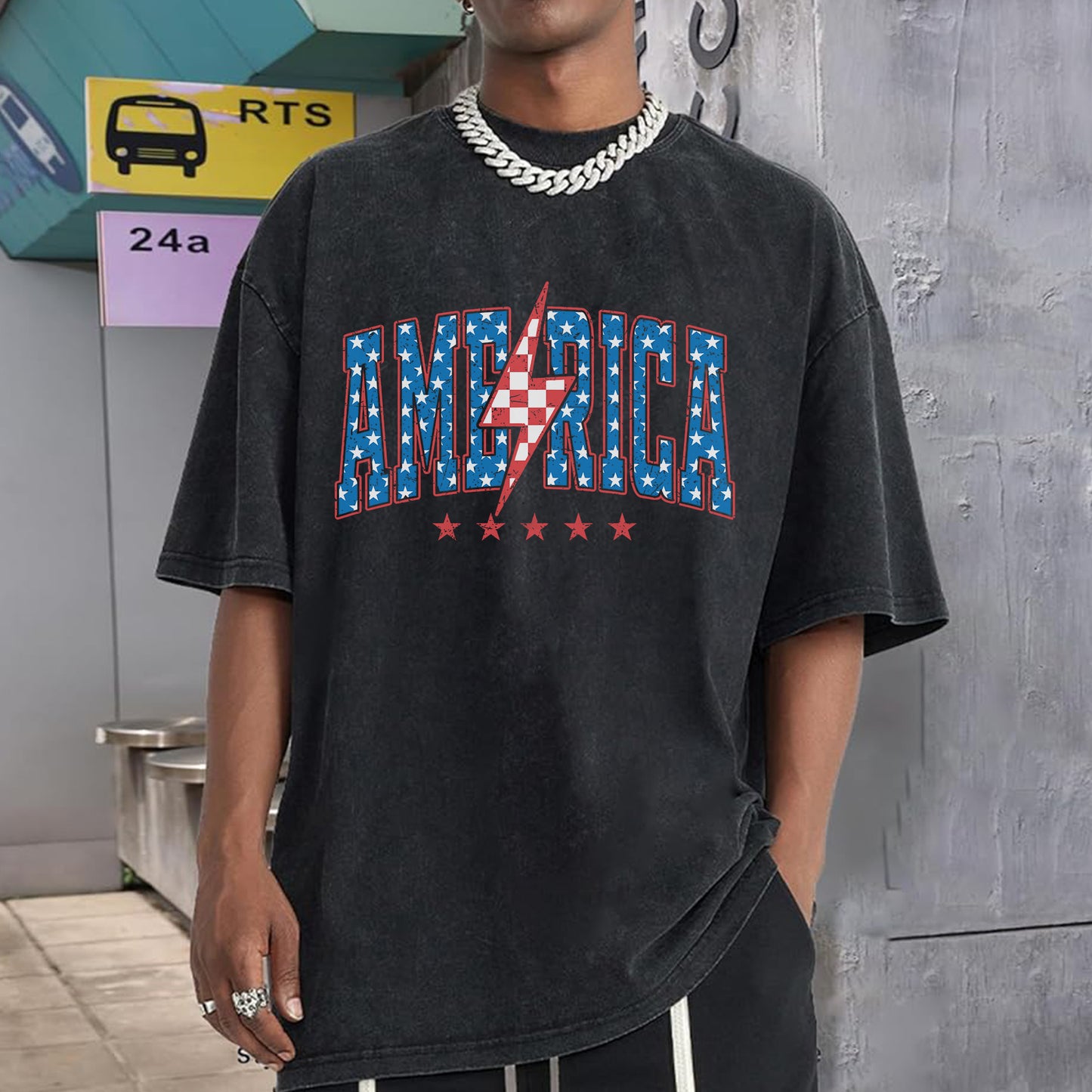 "America Lightning Bolt" Unisex Vintage Washed Cotton T-Shirt | Stars & Stripes Patriotic Tee | Faith Guided Life Apparel