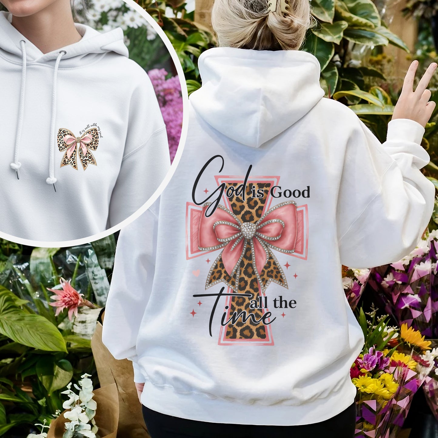 God is Good all the Time" Leopard Cross Bow Christian T-Shirt Two Sides | Faith Guided Life Apparel