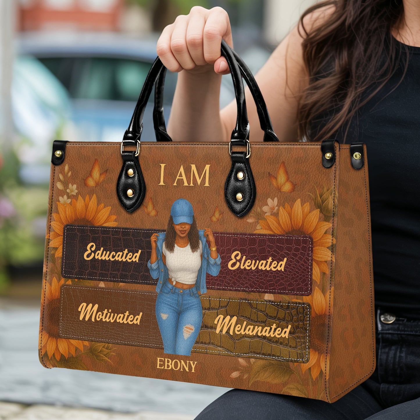I Am Educated Elevated Motivated Melanated Black Excellence Personalized Leather Handbag