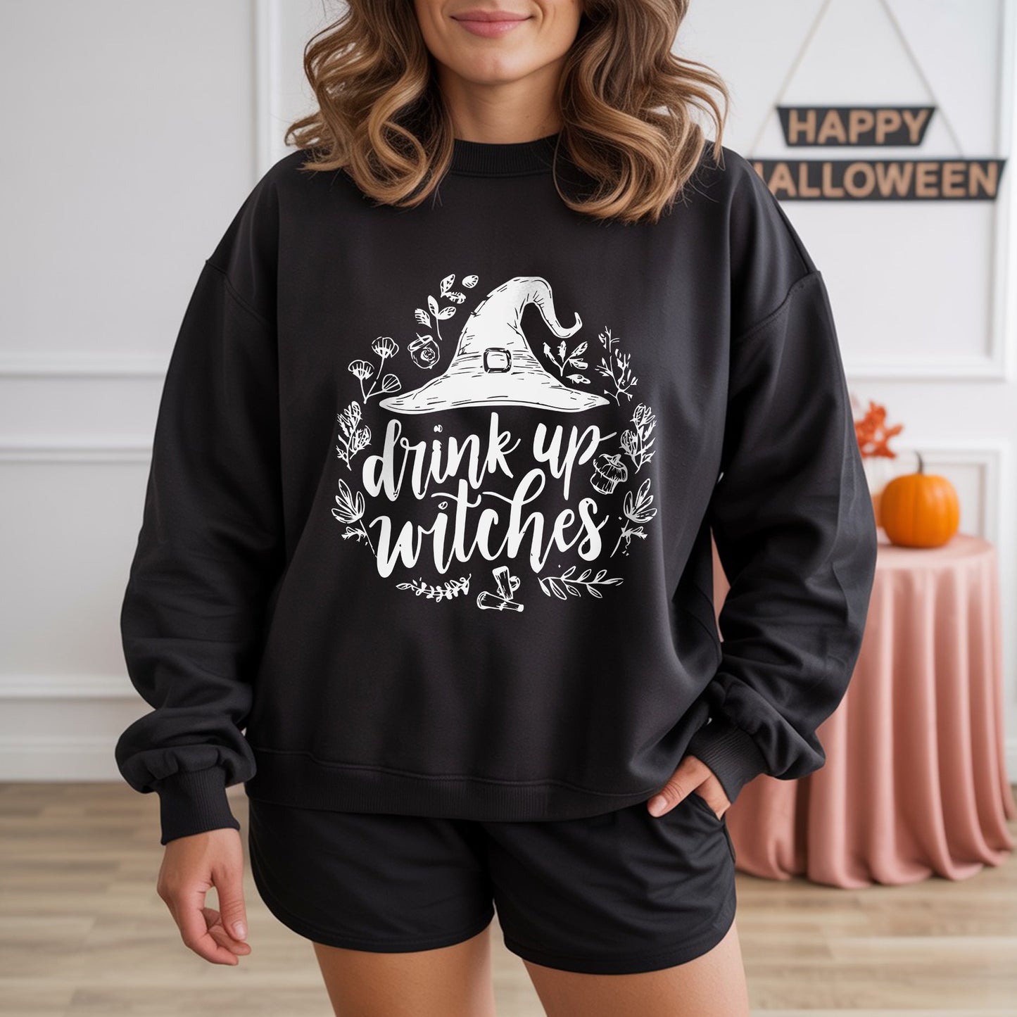 Drink Up Witches Halloween Party T-Shirt Witch Hat Botanical Spooky Season Drinking Tee
