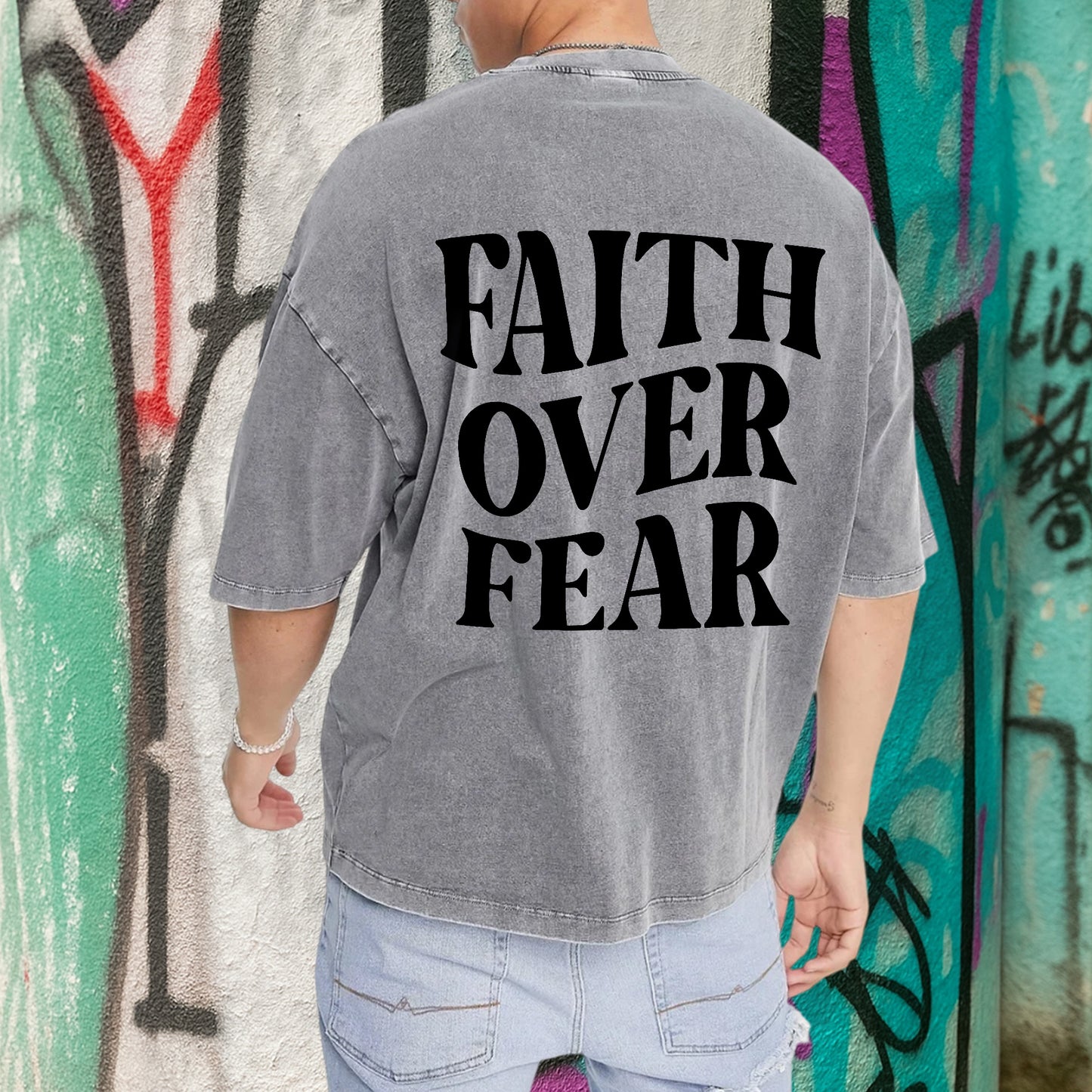 "Faith Over Fear" Unisex Vintage Washed Christian T-Shirt Two Sides | 2 Timothy 1:7 Bold Declaration Tee | Faith Guided Life Apparel