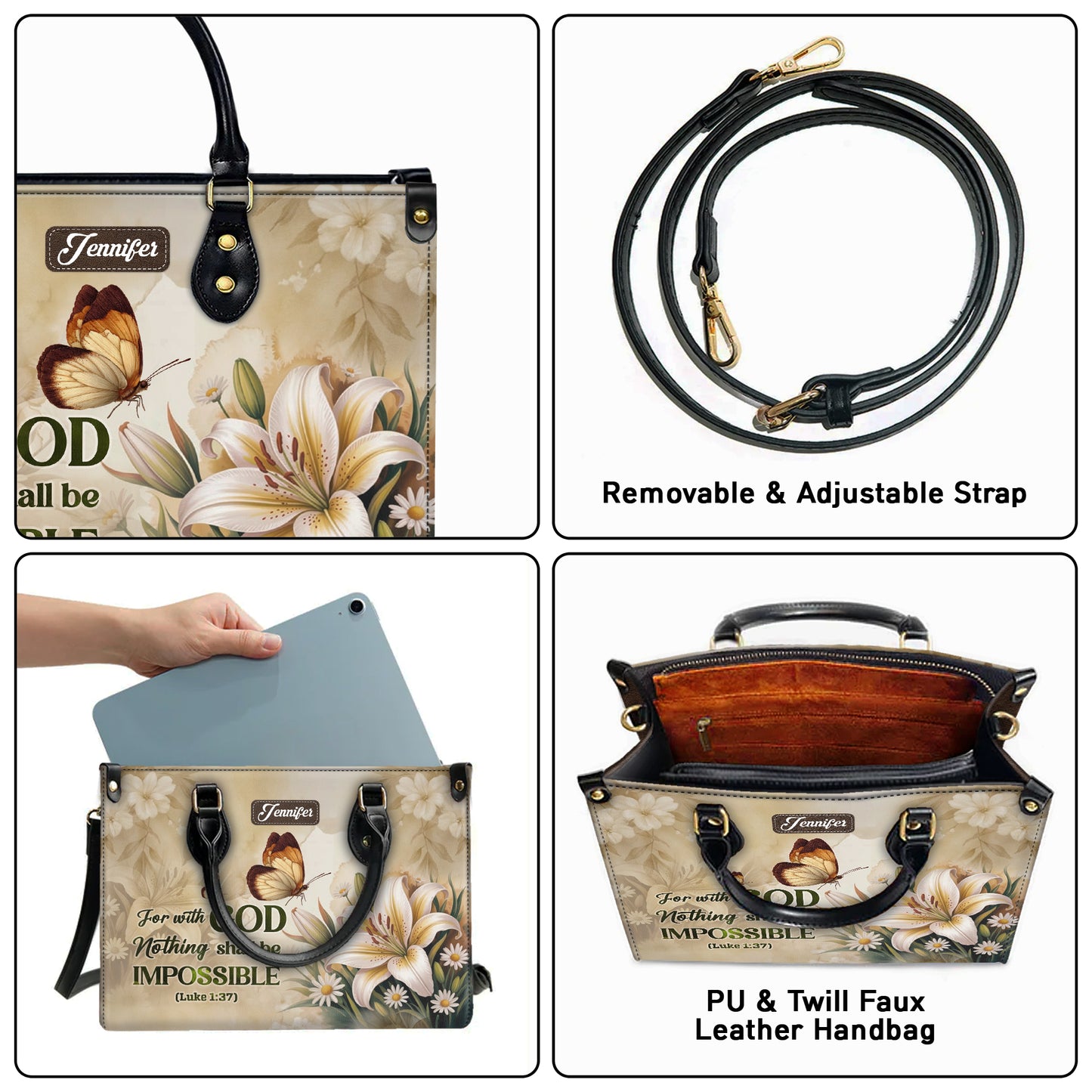 For With God Nothing Shall Be Impossible Luke 1:37 Personalized Leather Handbag