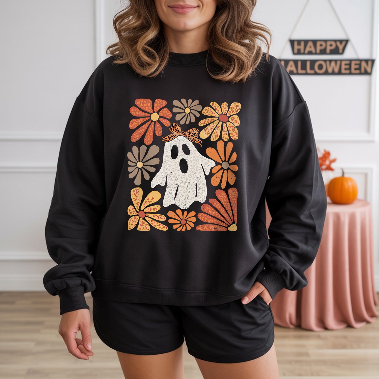 Retro Floral Ghost Leopard Bow Halloween T-Shirt Vintage Autumn Boho Spooky Cute Fall Tee