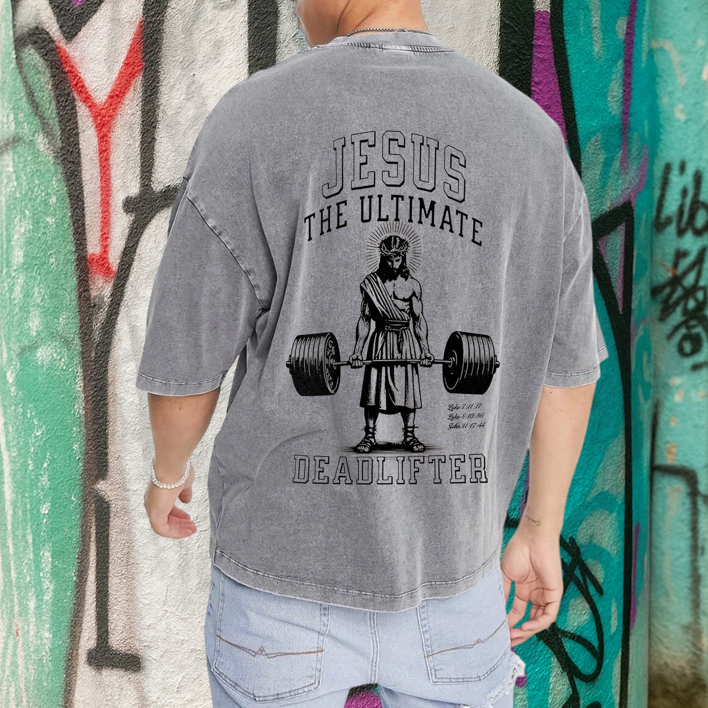 "Jesus The Ultimate Deadlifter" Unisex Vintage Washed Christian T-Shirt Two Sides | Matthew 11:28 Burden Bearer Tee | Faith Guided Life Apparel