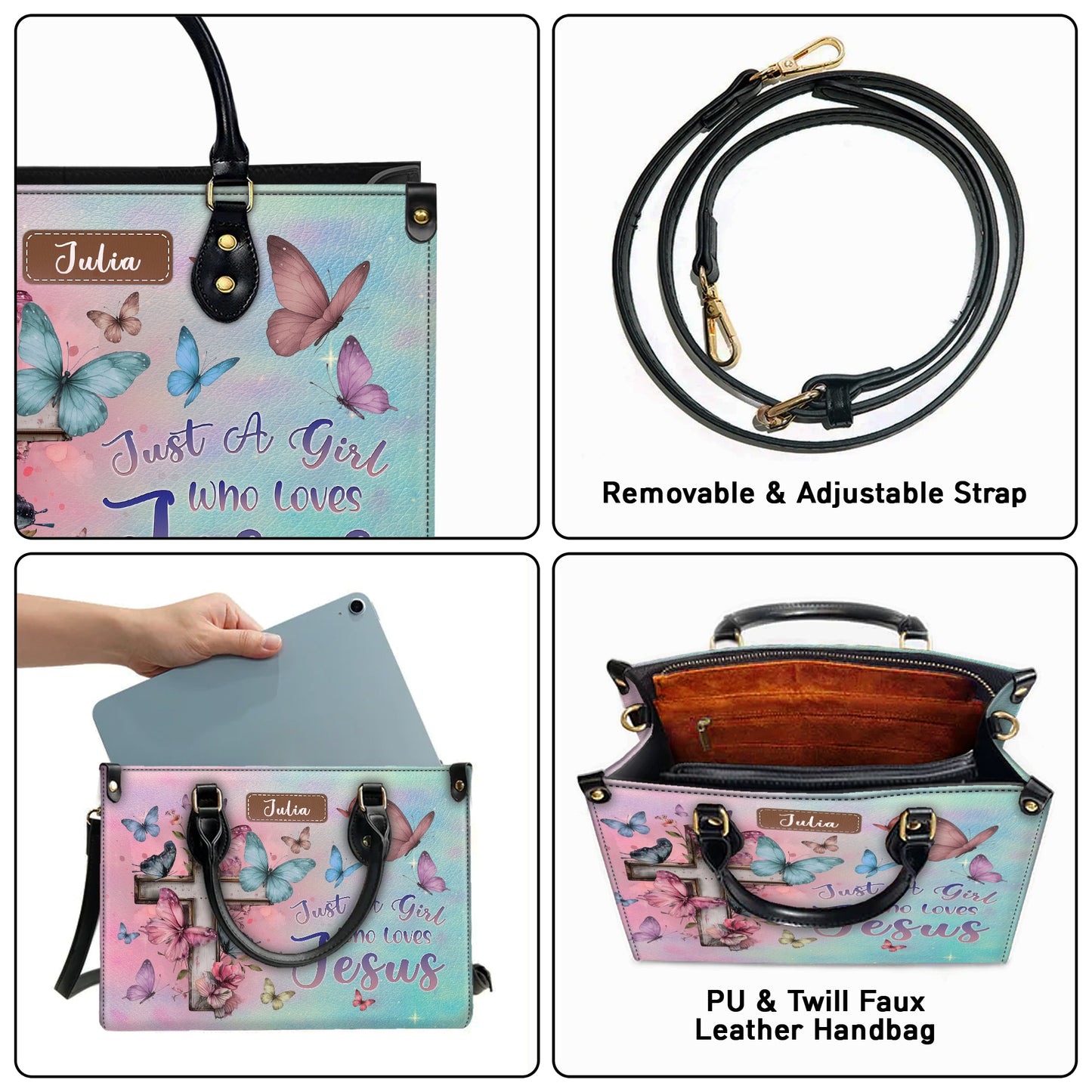 Just A Girl Who Loves Jesus Butterfly Cross Personalized Leather Handbag
