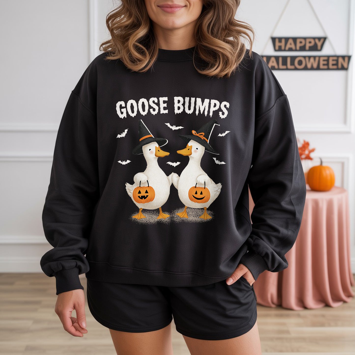 Goose Bumps Halloween Pun T-Shirt Cute Geese Witch Hats Funny Spooky Season Wordplay Tee