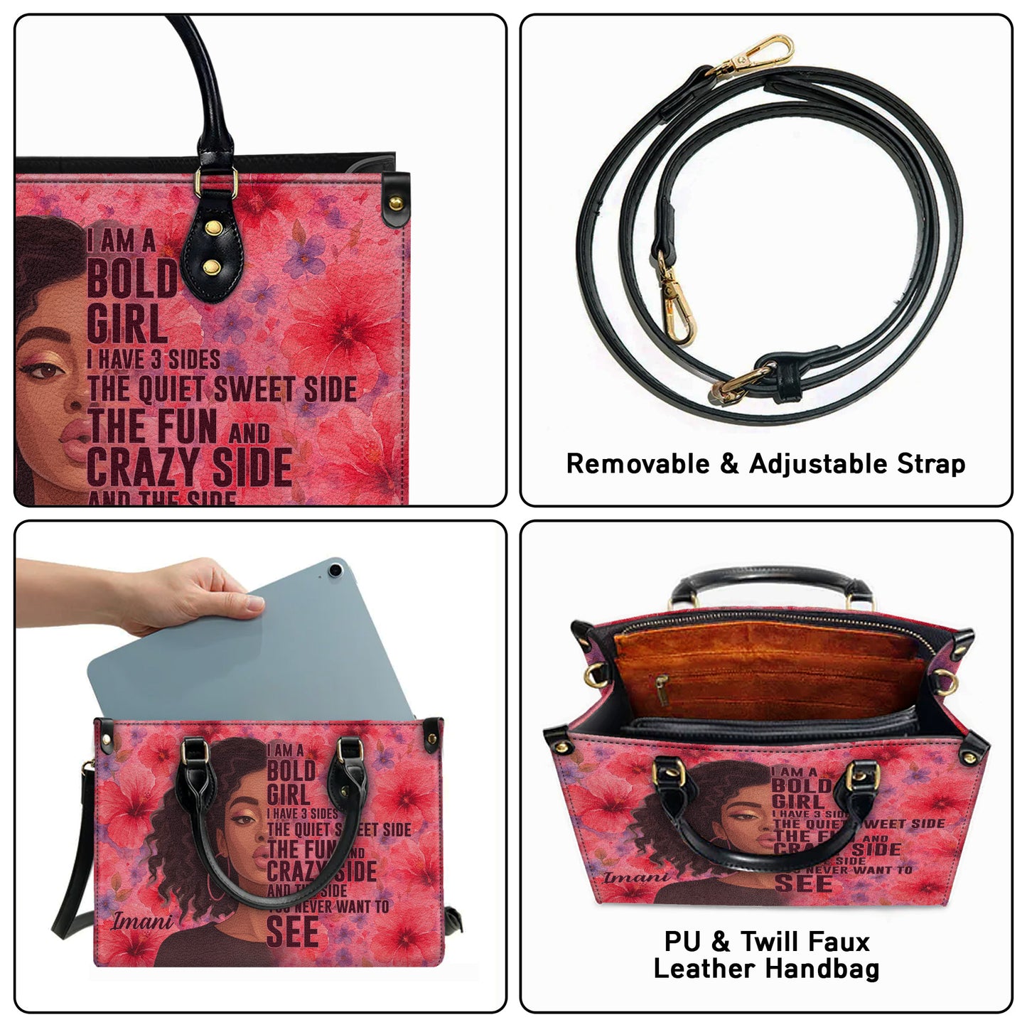 I Am A Bold Girl Three Sides Personalized Leather Handbag