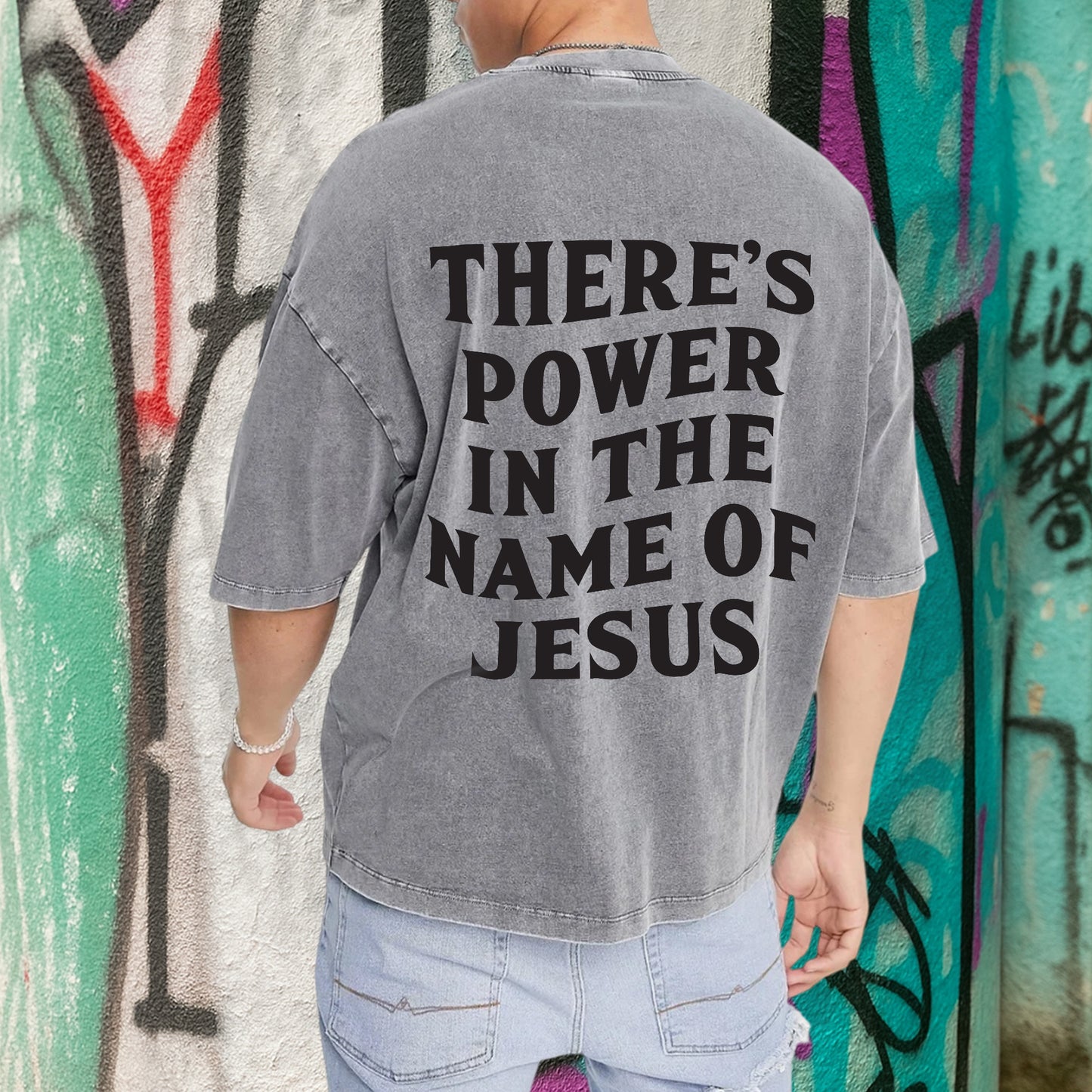 "Jesus Saves / There's Power In The Name Of Jesus" Unisex Vintage Washed Christian T-Shirt Two Sides | Acts 4:12 Salvation Declaration Tee | Faith Guided Life Apparel