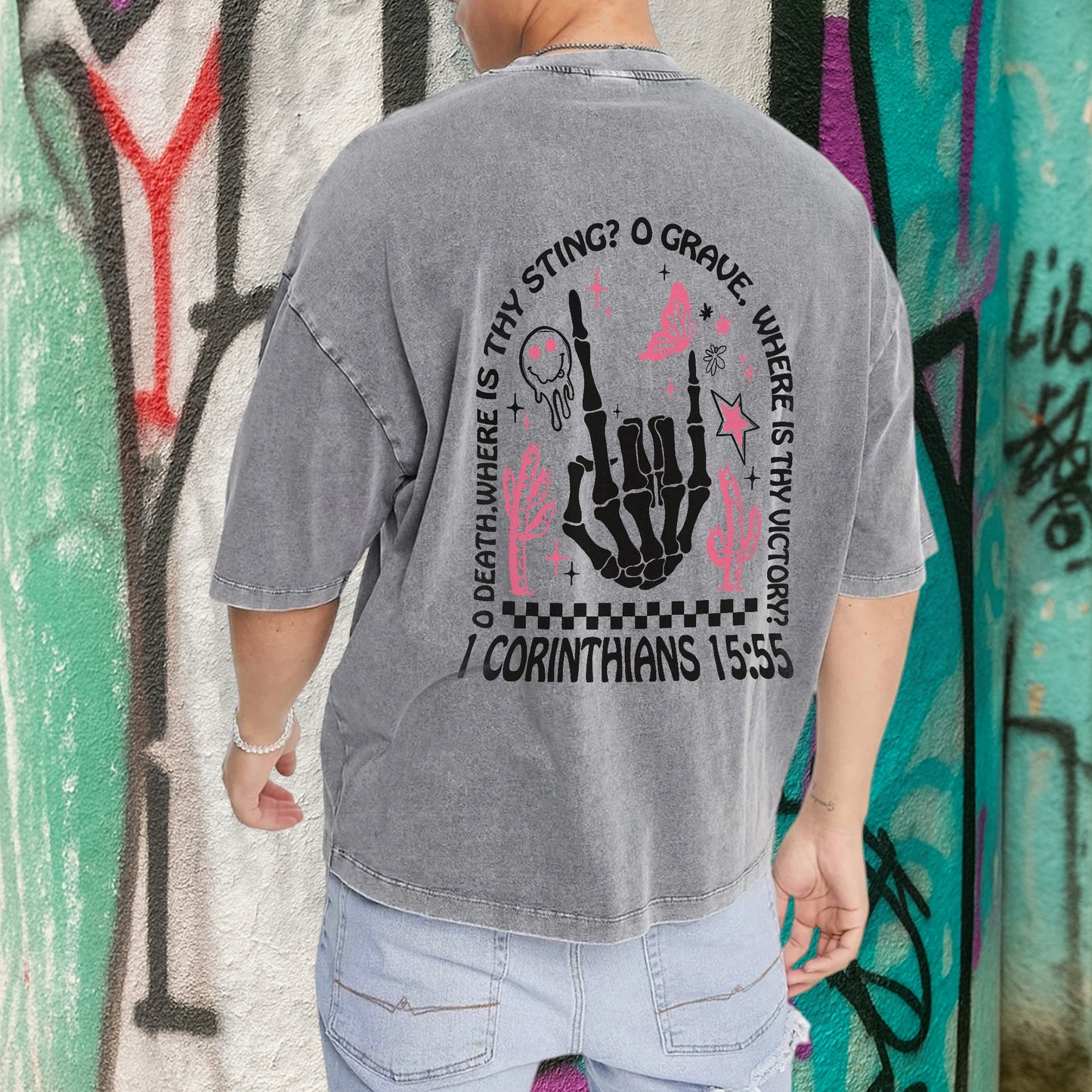 Where Is Thy Sting O Grave Christian Victory Washed 100% Cotton Two Sides T-Shirt 1 Corinthians 15:55 Faith Tee