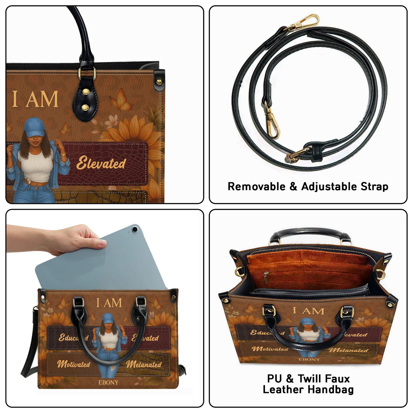 I Am Educated Elevated Motivated Melanated Black Excellence Personalized Leather Handbag