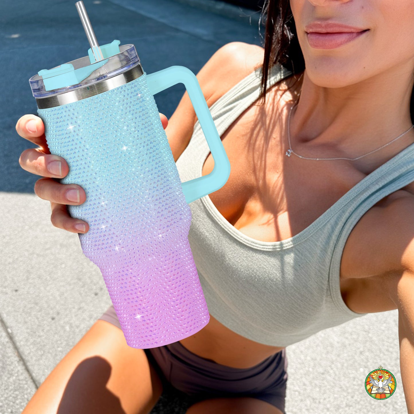 Blue Pink Gradient Bling Diamond Tumbler 40oz - Sparkling Ombre Dreams Rhinestone Cup