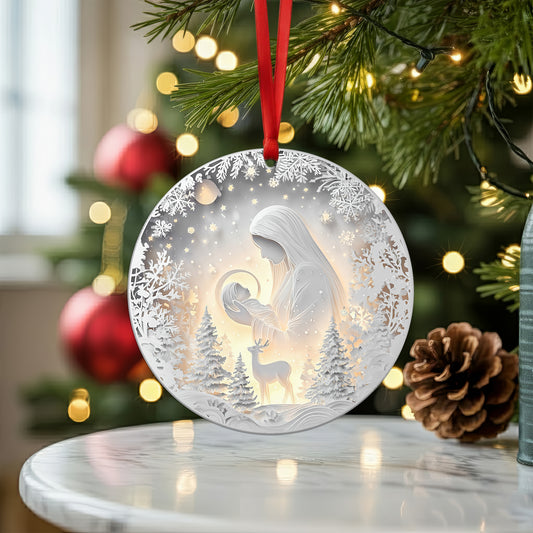 Layered Art Nativity Scene Christmas Ornament | Mary and Jesus in Winter Forest | Christian Keepsake Decoration