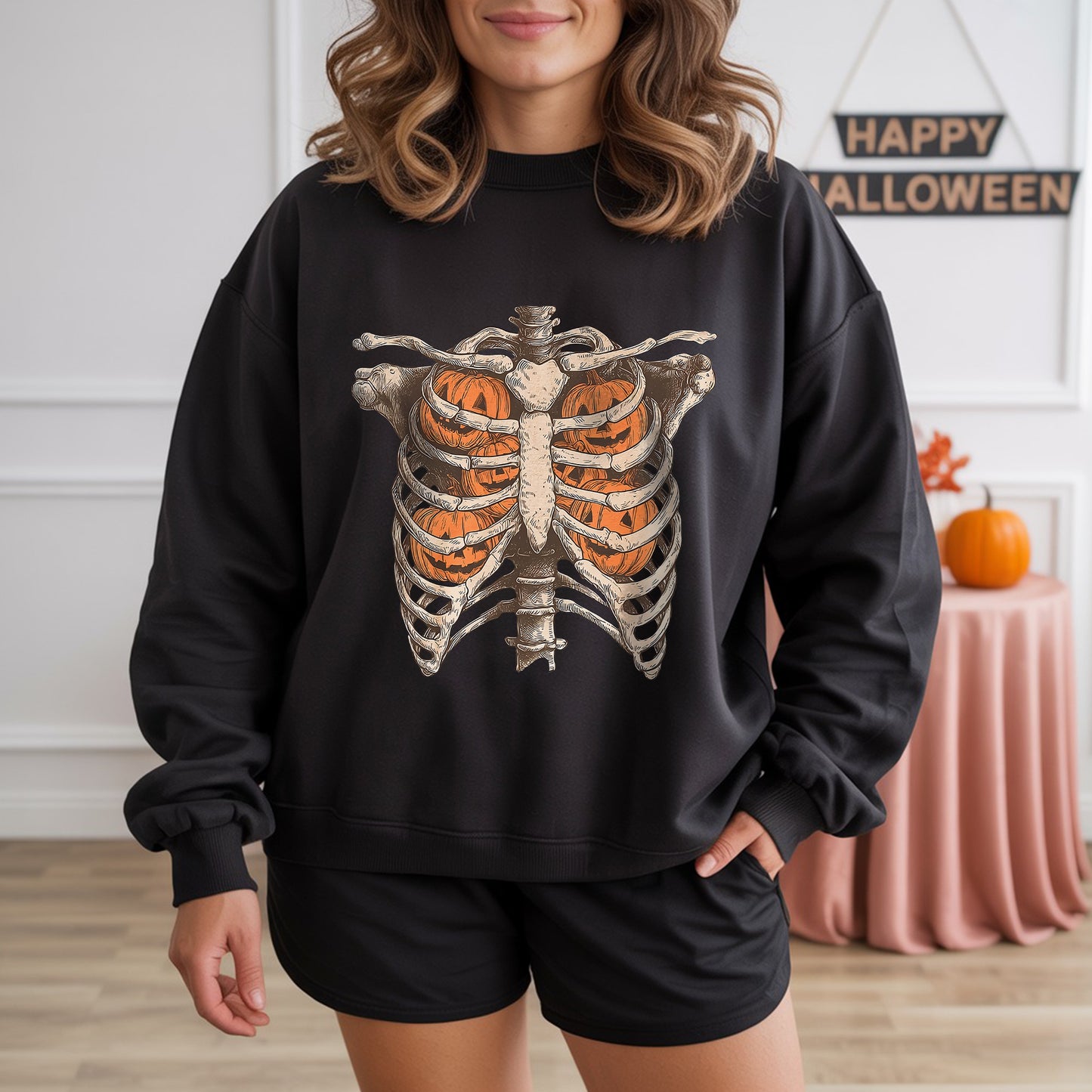 Pumpkin Ribcage Skeleton Halloween T-Shirt Jack-O-Lantern Anatomy Spooky Season Tee