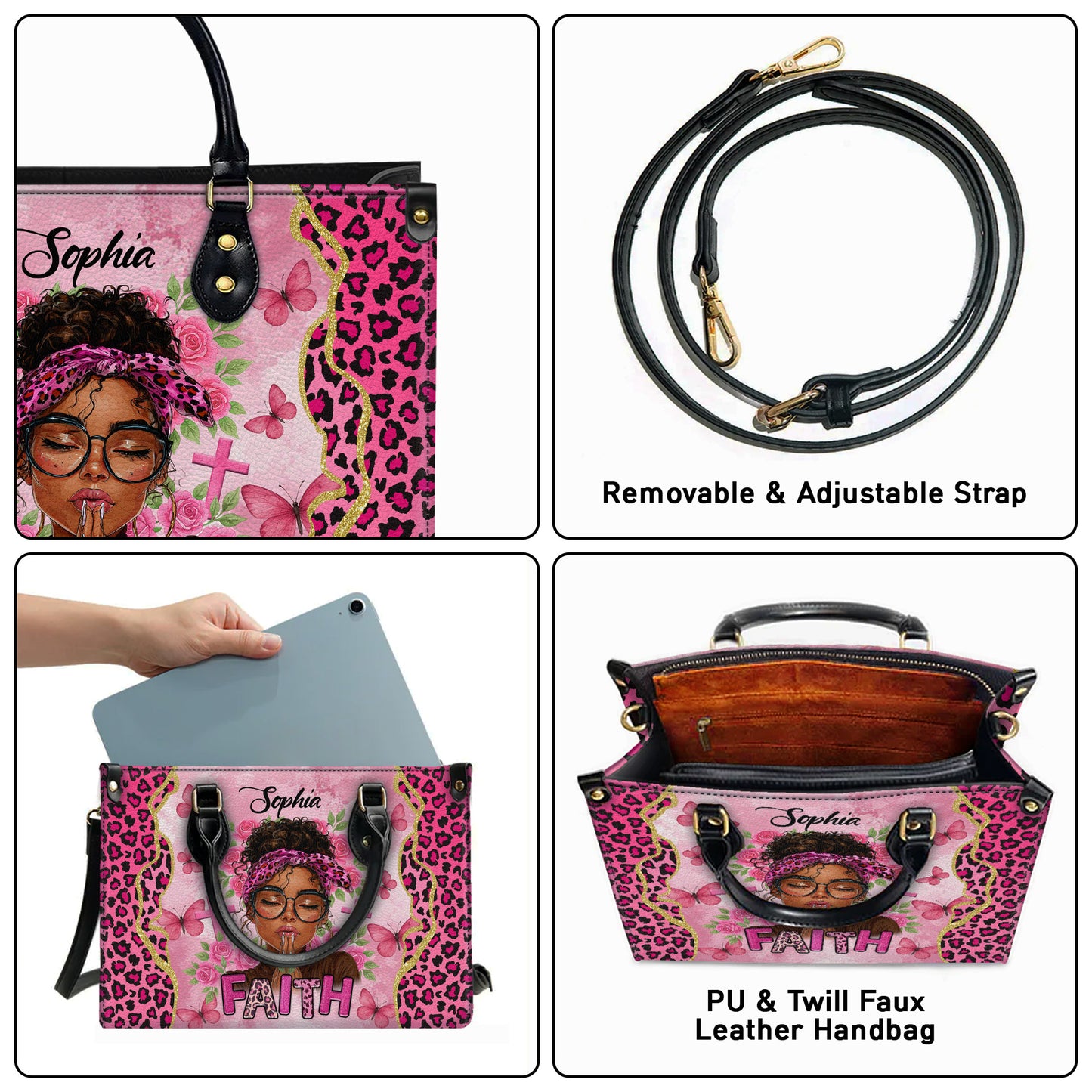 Faith Prayer Pink Leopard Christian Personalized Leather Handbag