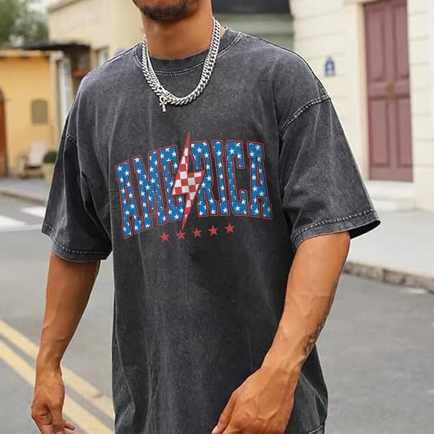 "America Lightning Bolt" Unisex Vintage Washed Cotton T-Shirt | Stars & Stripes Patriotic Tee | Faith Guided Life Apparel