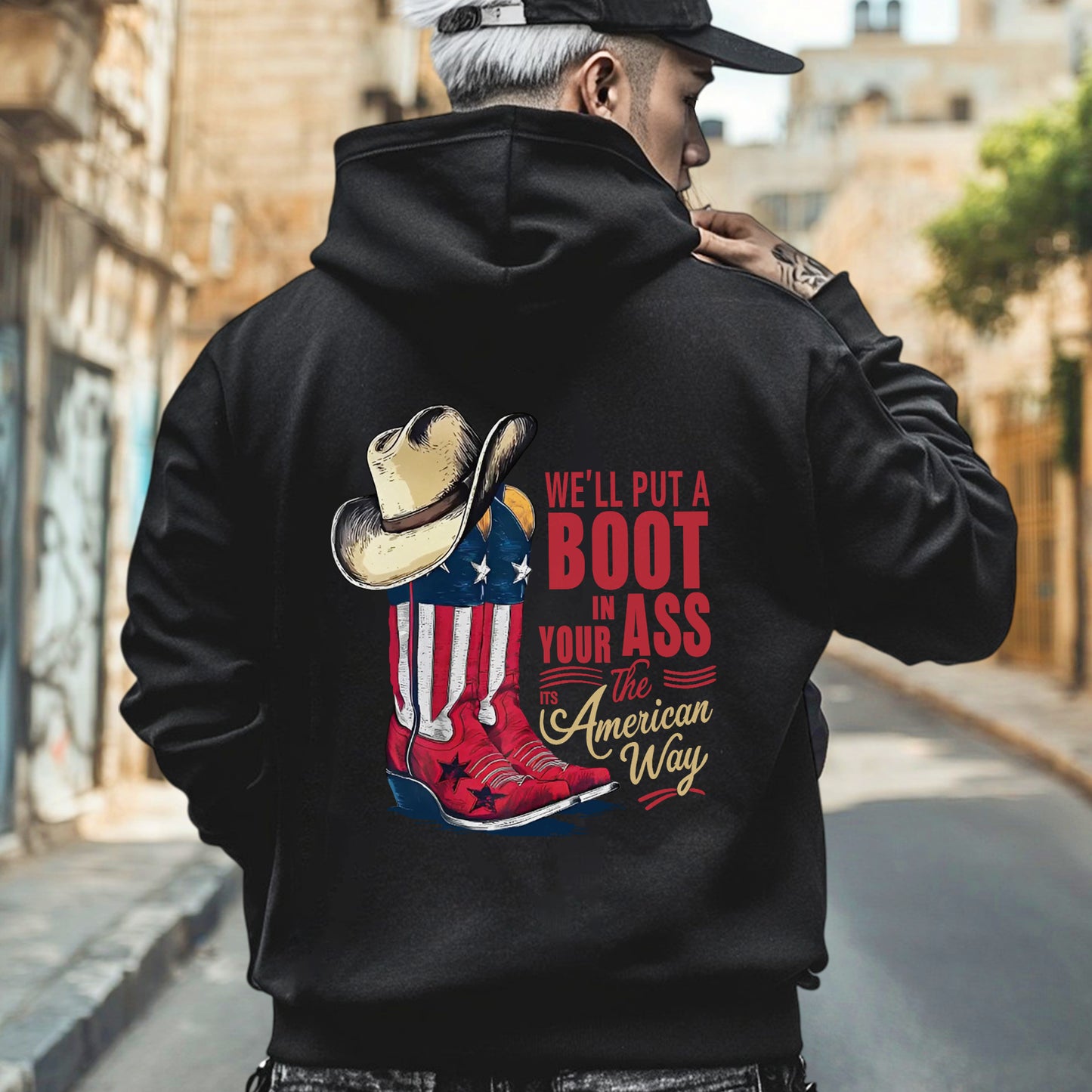 "We'll Put A Boot In Your Ass - It's The American Way" Unisex Patriotic T-Shirt Two Sides | Red White Blue American Pride Tee | Faith Guided Life Apparel