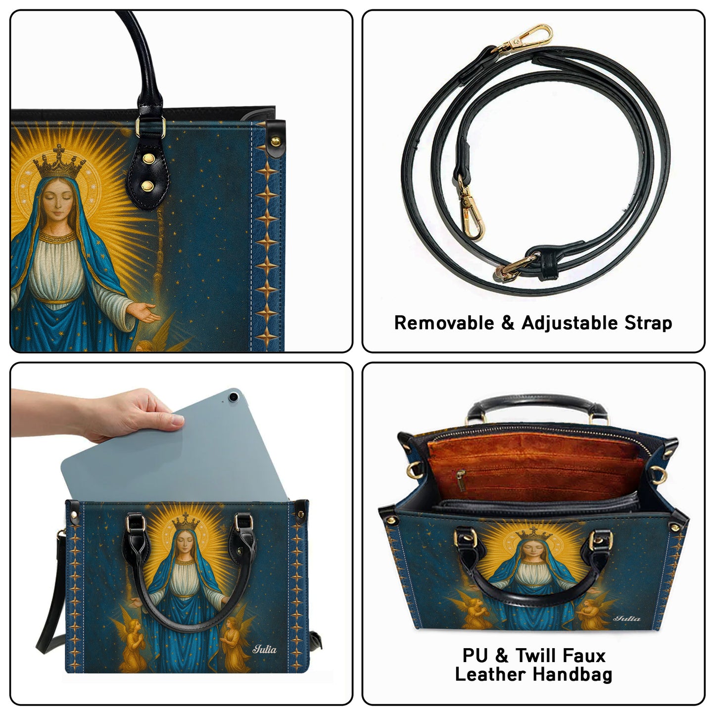 Miraculous Medal Blessed Virgin Mary Immaculate Conception Personalized Leather Handbag