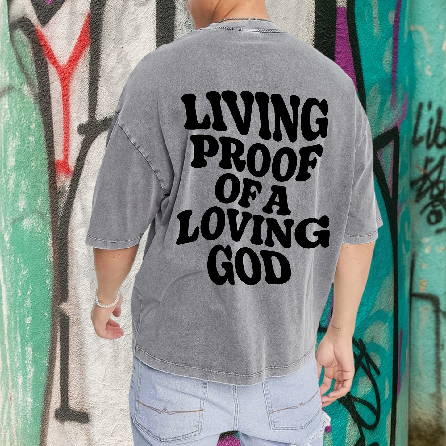 "Living Proof Of A Loving God" Unisex Vintage Washed Christian T-Shirt Two Sides | 1 John 4:19 Testimony Declaration Tee | Faith Guided Life Apparel