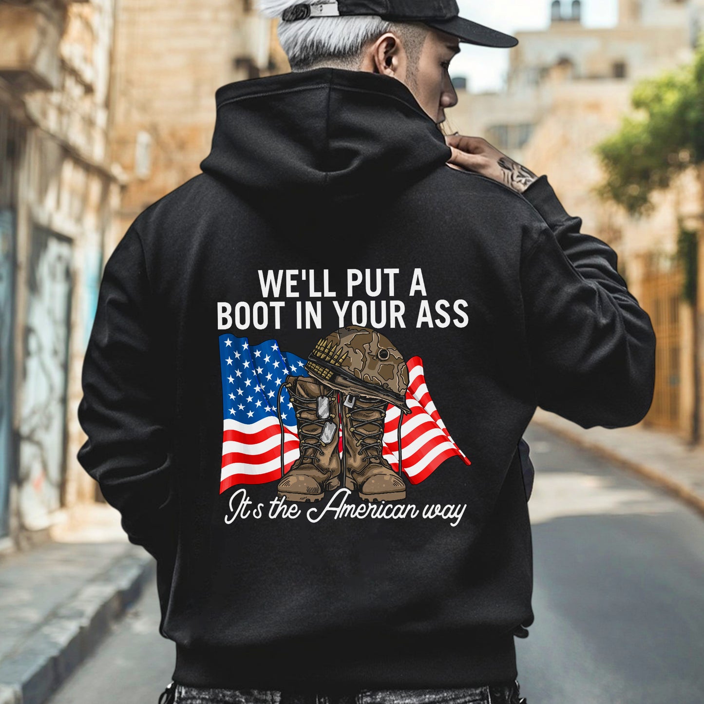 Courtesy of the Red White and Blue T-Shirt Two Sides - We'll Put A Boot In Your Ass