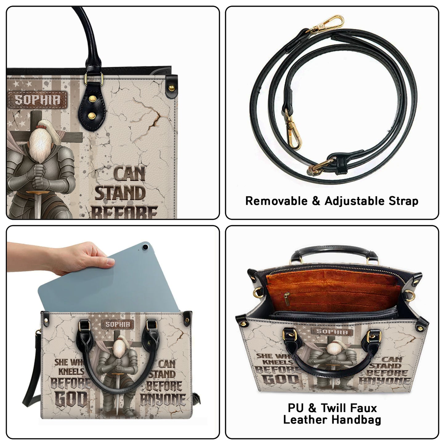 She Who Kneels Before God Can Stand Before Anyone Personalized Leather Handbag