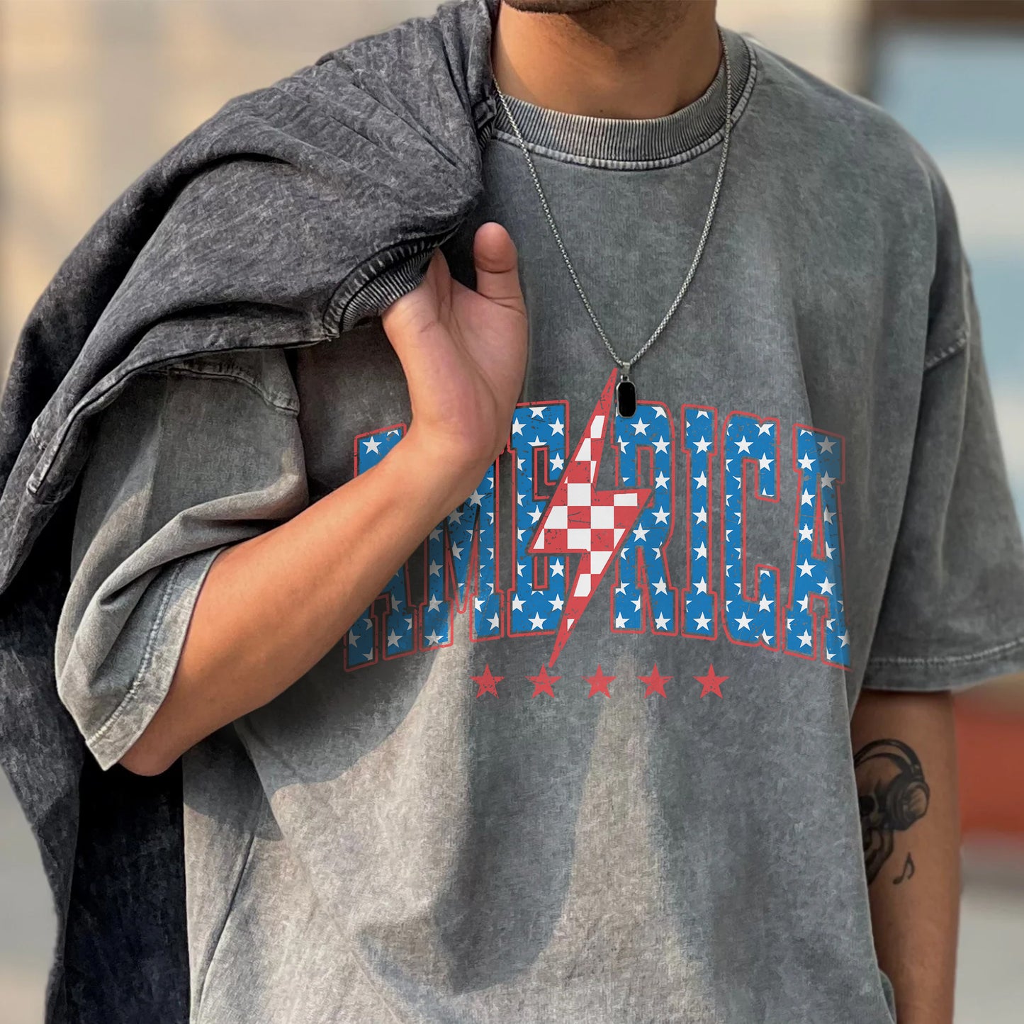 "America Lightning Bolt" Unisex Vintage Washed Cotton T-Shirt | Stars & Stripes Patriotic Tee | Faith Guided Life Apparel