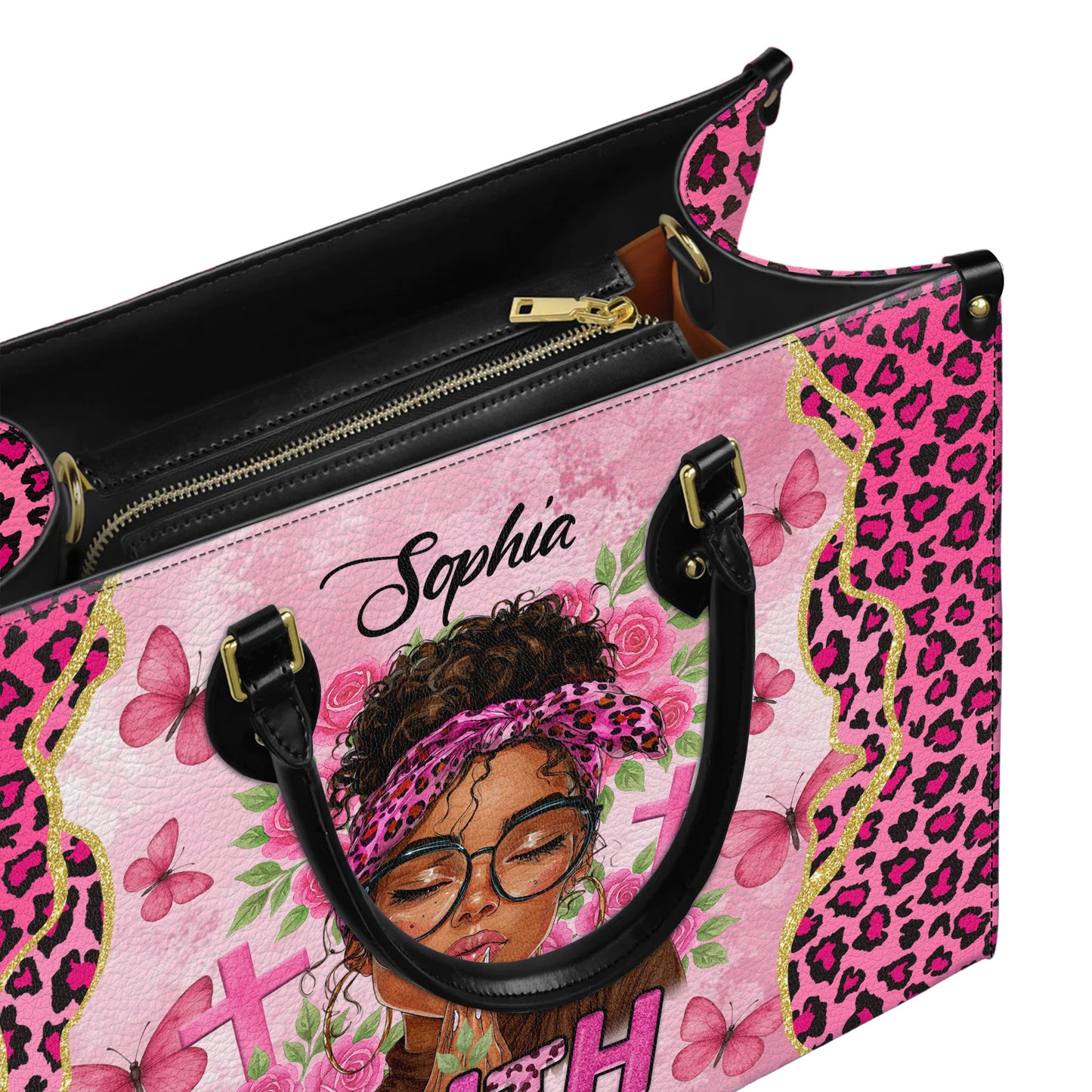 Faith Prayer Pink Leopard Christian Personalized Leather Handbag