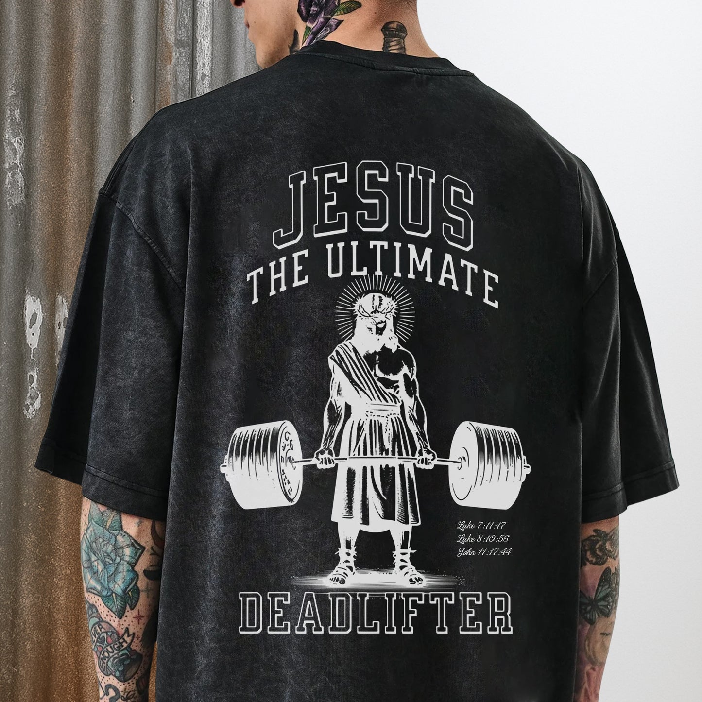 "Jesus The Ultimate Deadlifter" Unisex Vintage Washed Christian T-Shirt Two Sides | Matthew 11:28 Burden Bearer Tee | Faith Guided Life Apparel
