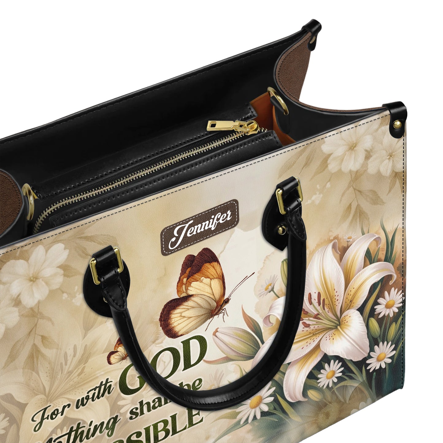 For With God Nothing Shall Be Impossible Luke 1:37 Personalized Leather Handbag
