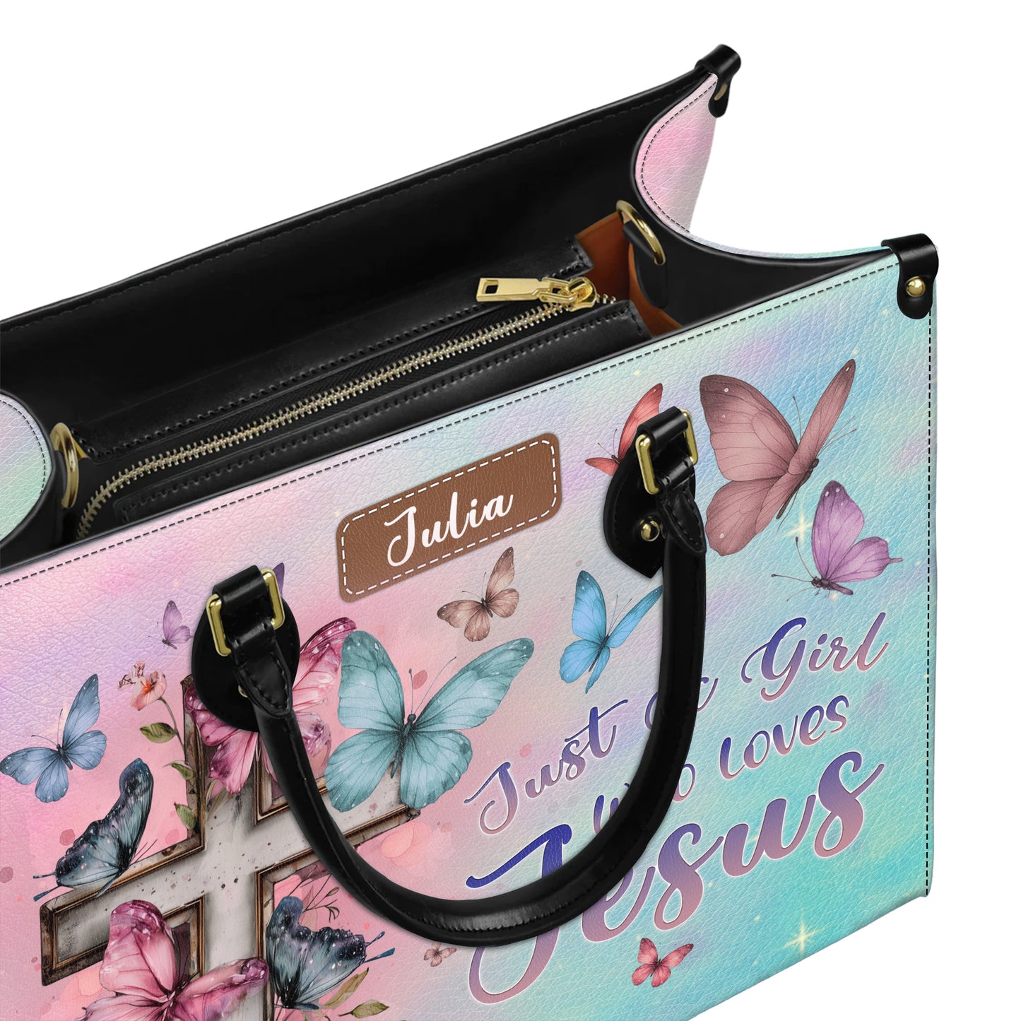 Just A Girl Who Loves Jesus Butterfly Cross Personalized Leather Handbag