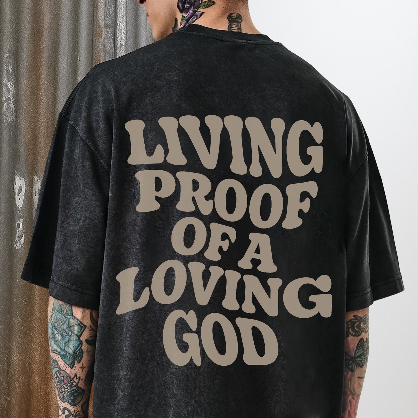 "Living Proof Of A Loving God" Unisex Vintage Washed Christian T-Shirt Two Sides | 1 John 4:19 Testimony Declaration Tee | Faith Guided Life Apparel