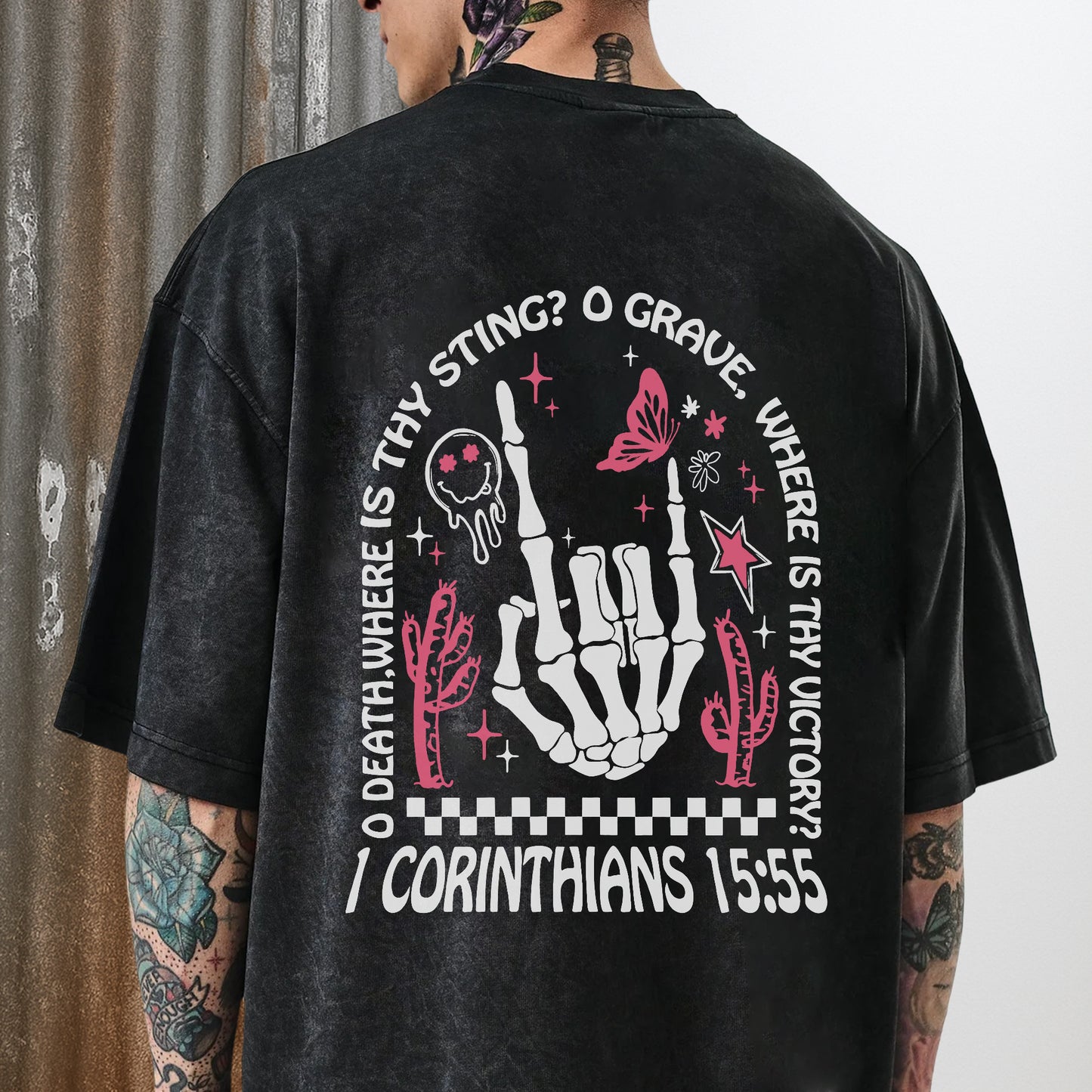 Where Is Thy Sting O Grave Christian Victory Washed 100% Cotton Two Sides T-Shirt 1 Corinthians 15:55 Faith Tee