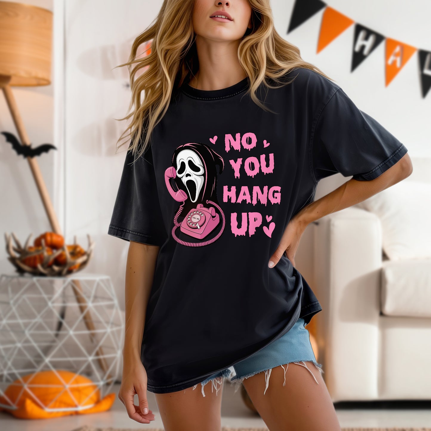 No You Hang Up Ghostface Pink Phone Halloween T-Shirt Scream Movie Horror Romance Tee