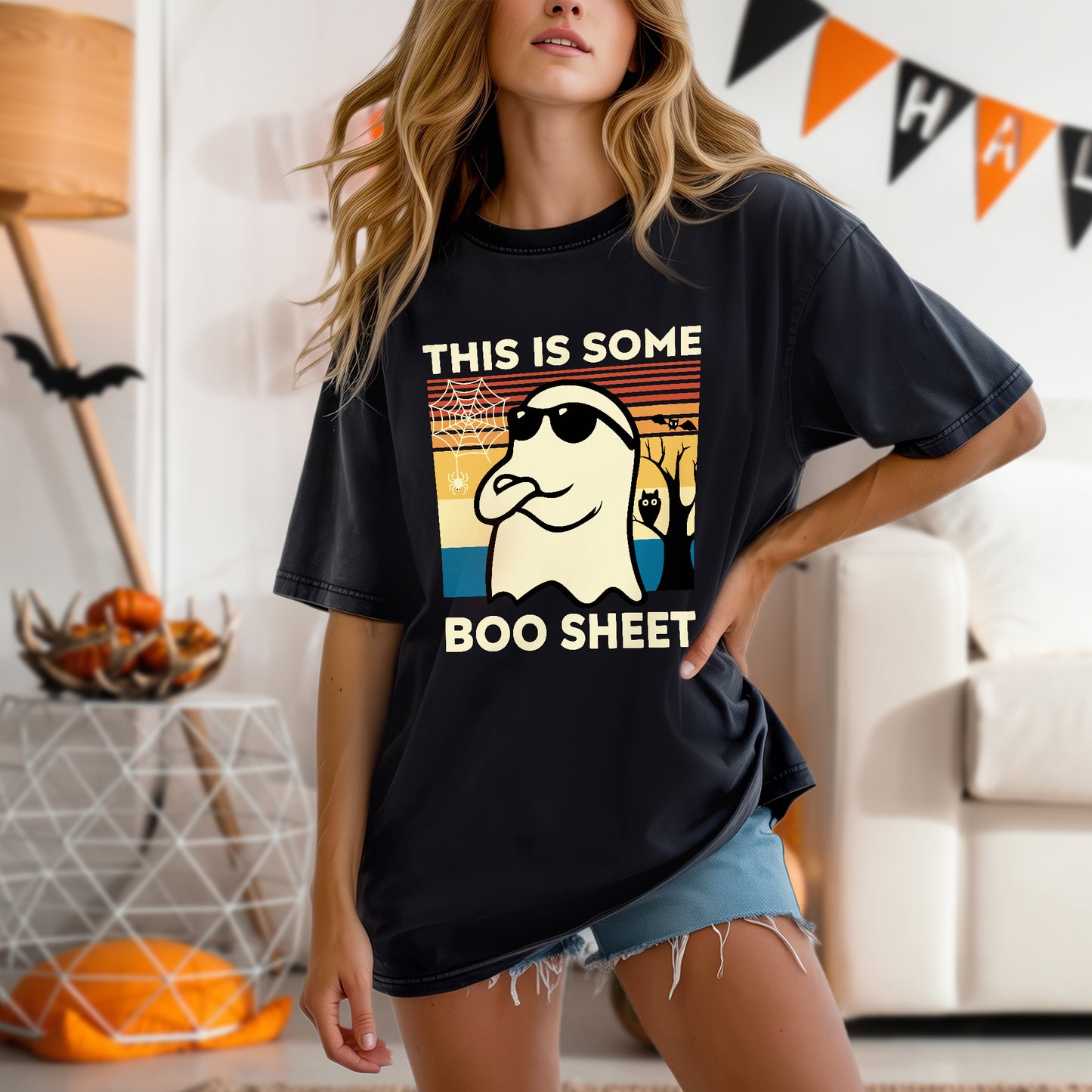 This Is Some Boo Sheet Funny Ghost Halloween T-Shirt - Vintage Sunset Spooky Season Humor Tee