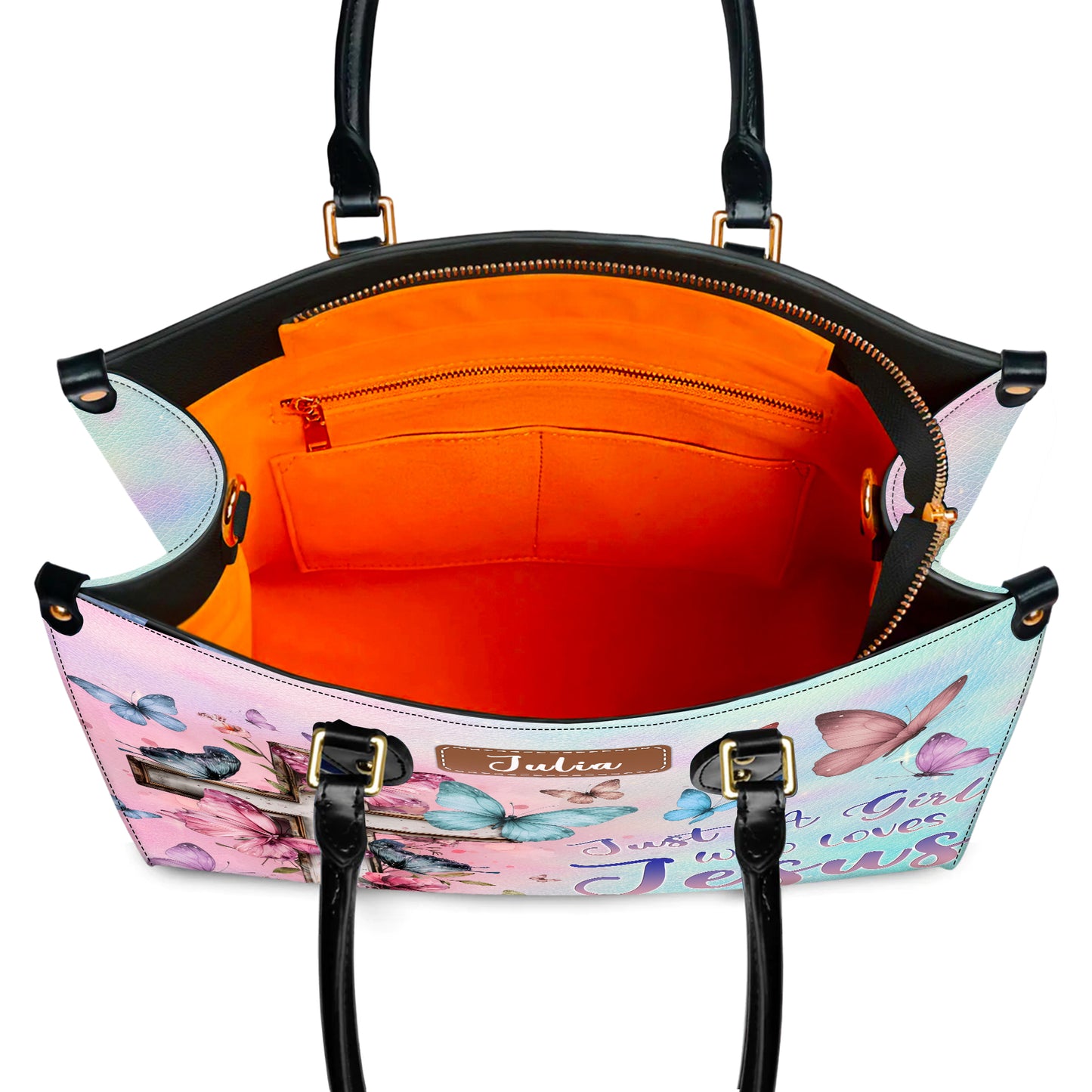 Just A Girl Who Loves Jesus Butterfly Cross Personalized Leather Handbag