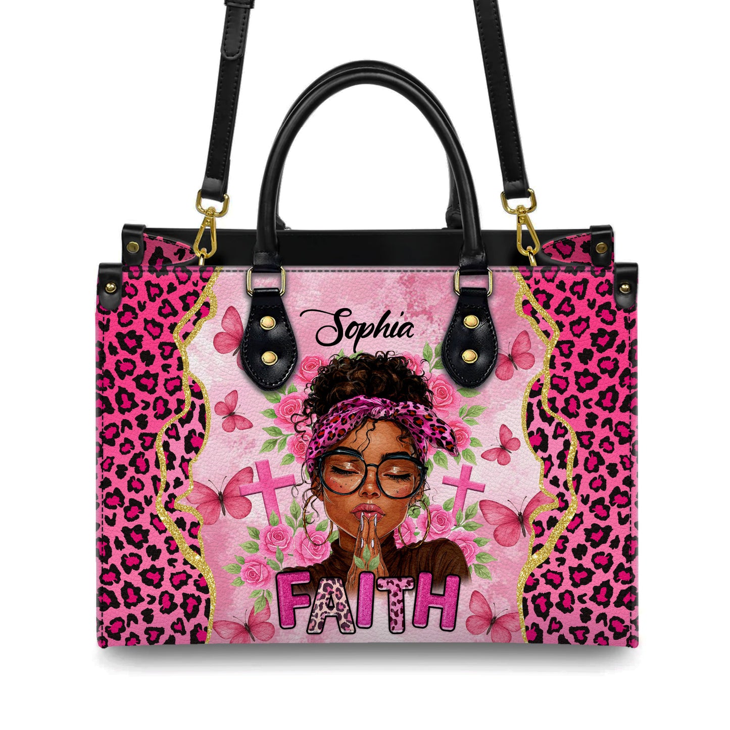 Faith Prayer Pink Leopard Christian Personalized Leather Handbag