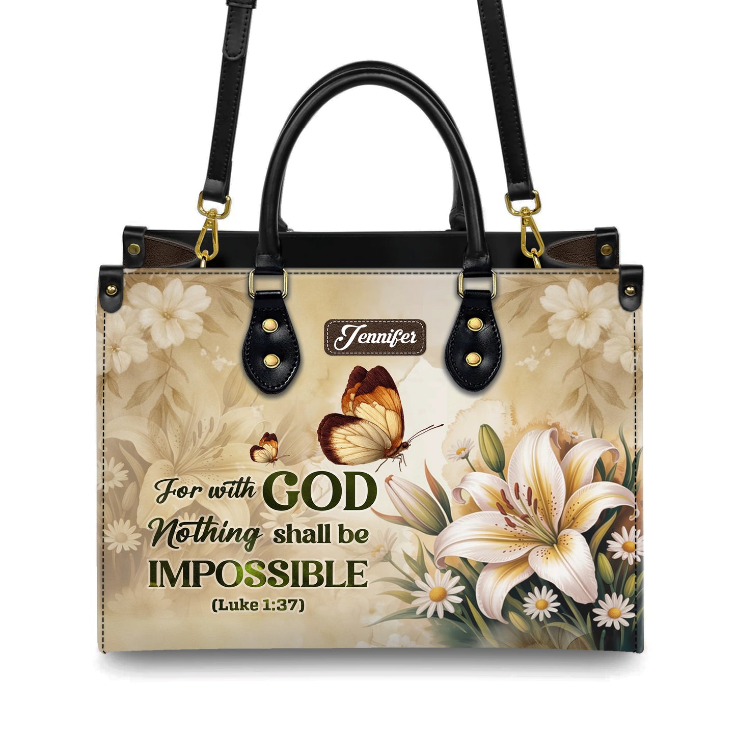 For With God Nothing Shall Be Impossible Luke 1:37 Personalized Leather Handbag