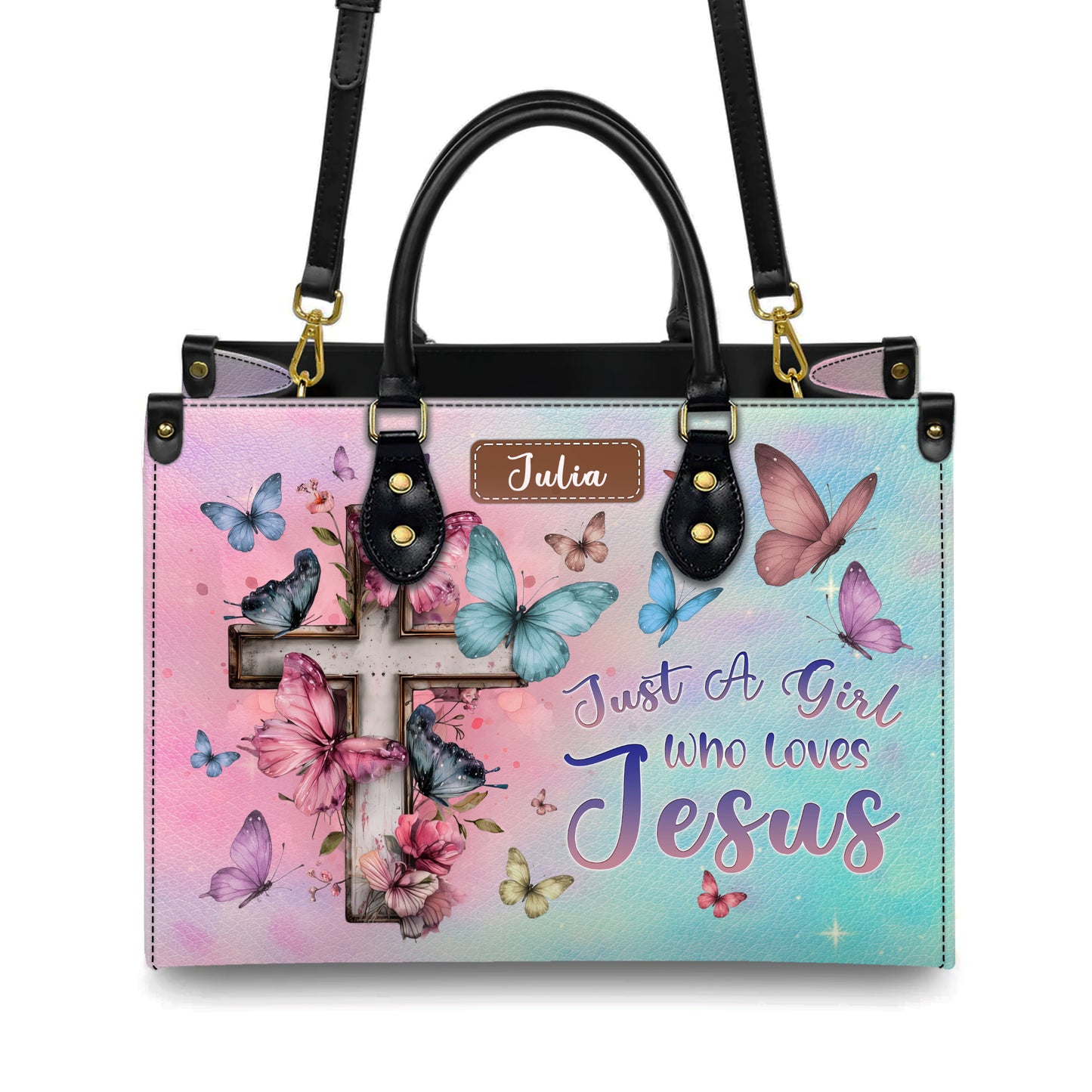 Just A Girl Who Loves Jesus Butterfly Cross Personalized Leather Handbag