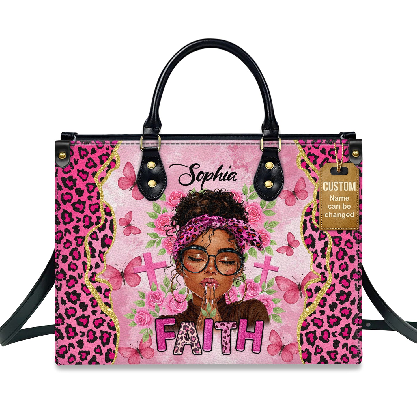 Faith Prayer Pink Leopard Christian Personalized Leather Handbag