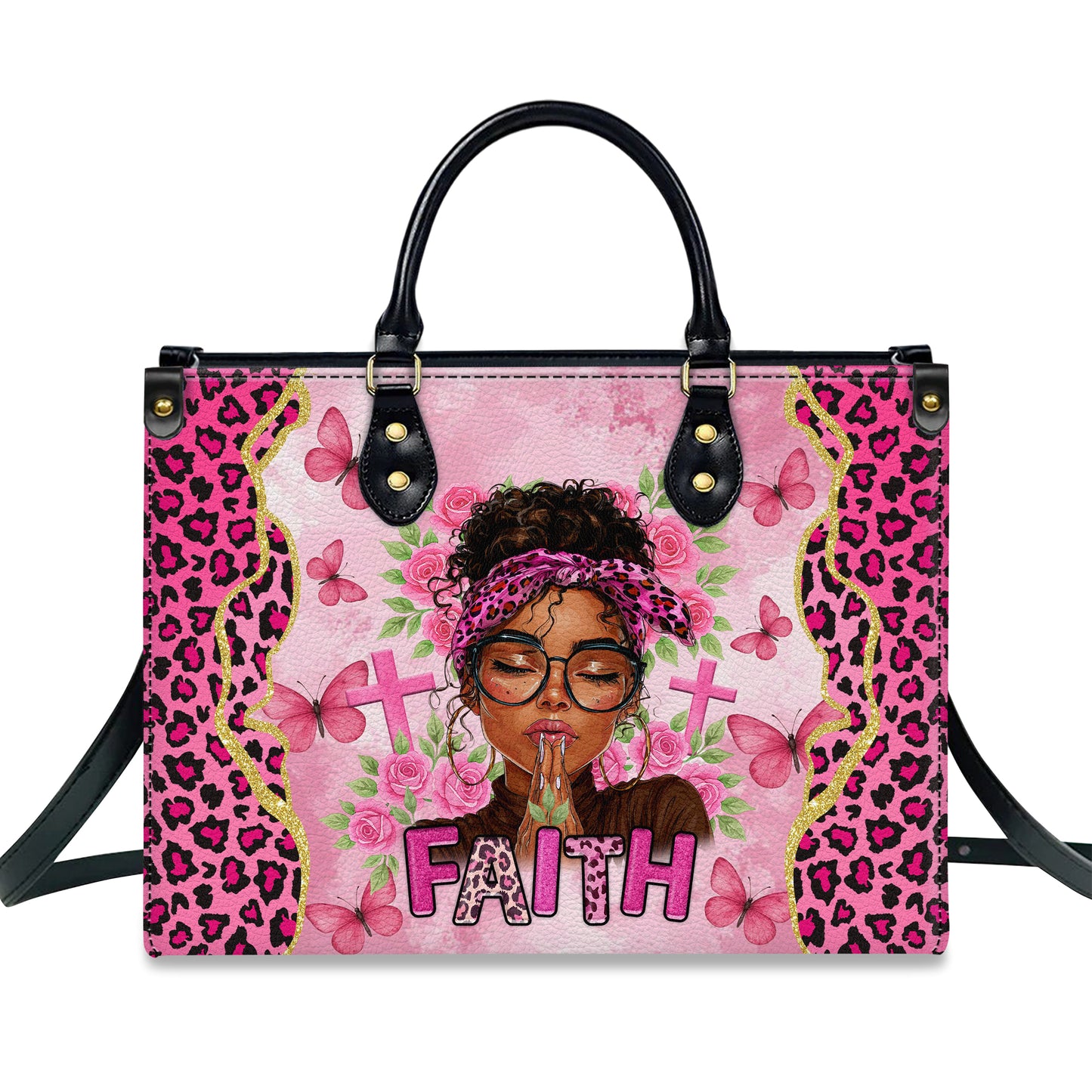 Faith Prayer Pink Leopard Christian Personalized Leather Handbag