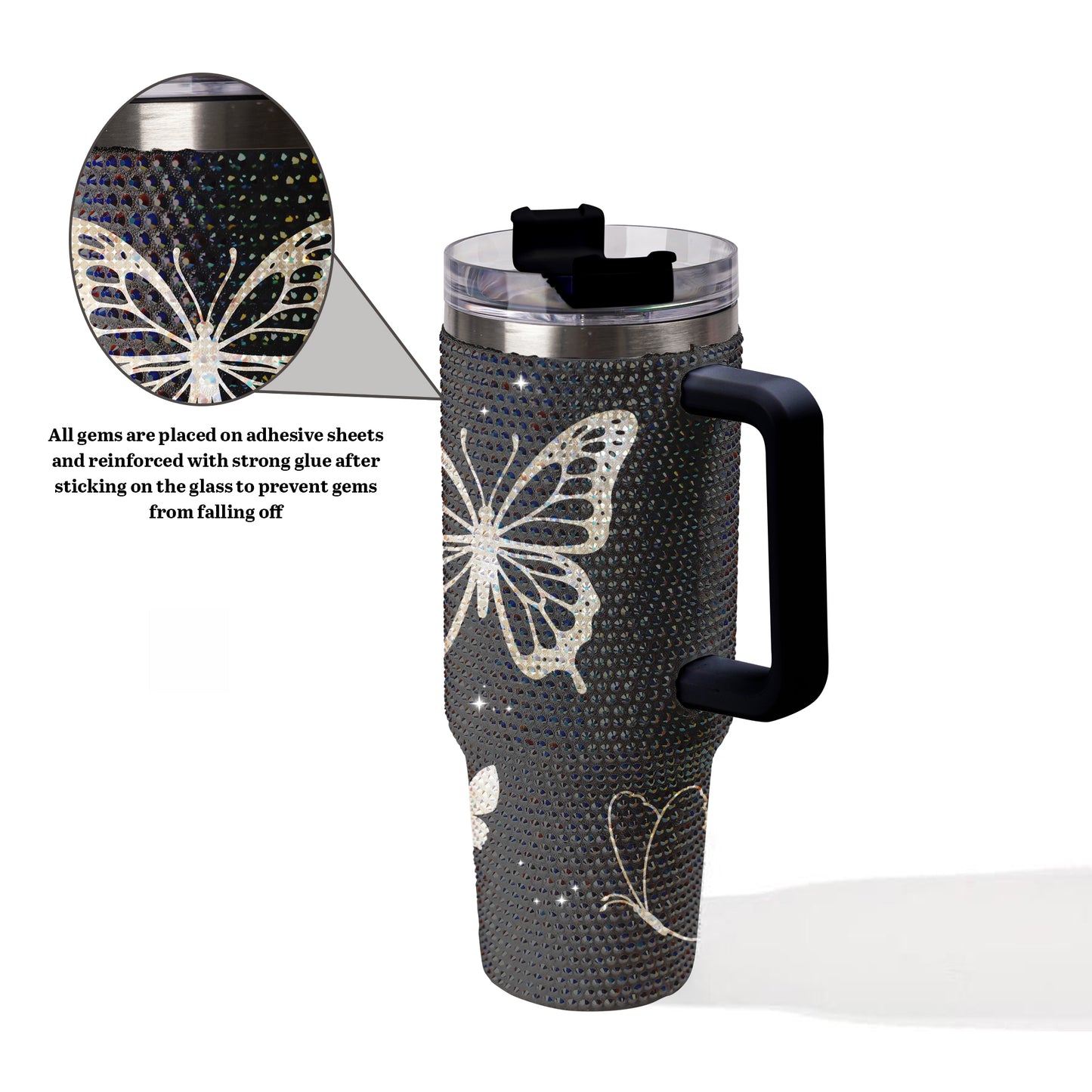Butterfly Black Bling Diamond Tumbler 40oz - Sparkling Transformation Rhinestone Cup