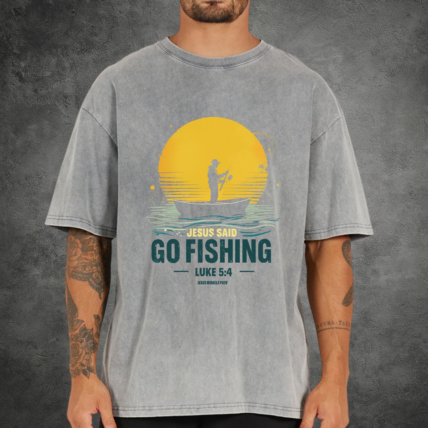 Jesus Said Go Fishing Luke 5:4 Christian Washed 100% Cotton T-Shirt Biblical Fishing Faith Tee
