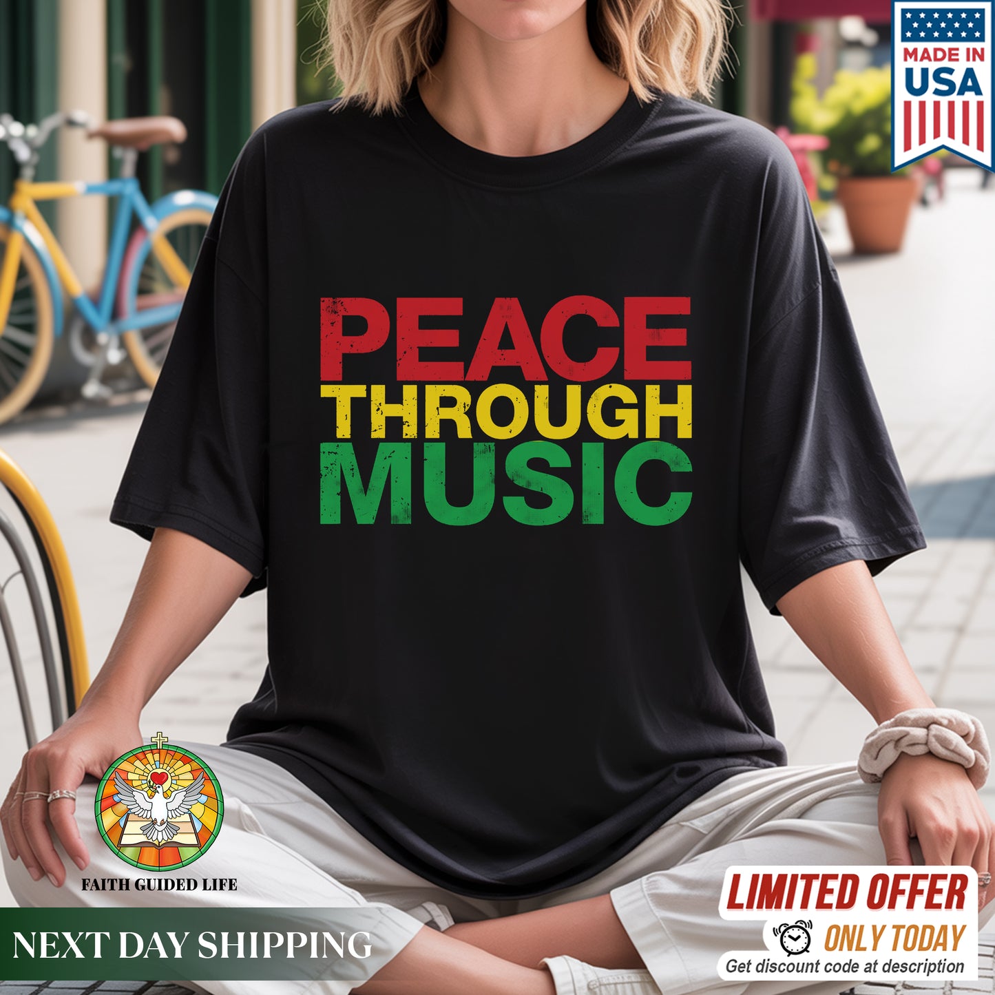 Peace Through Music T-Shirt - Rastafarian Colors Unity Declaration