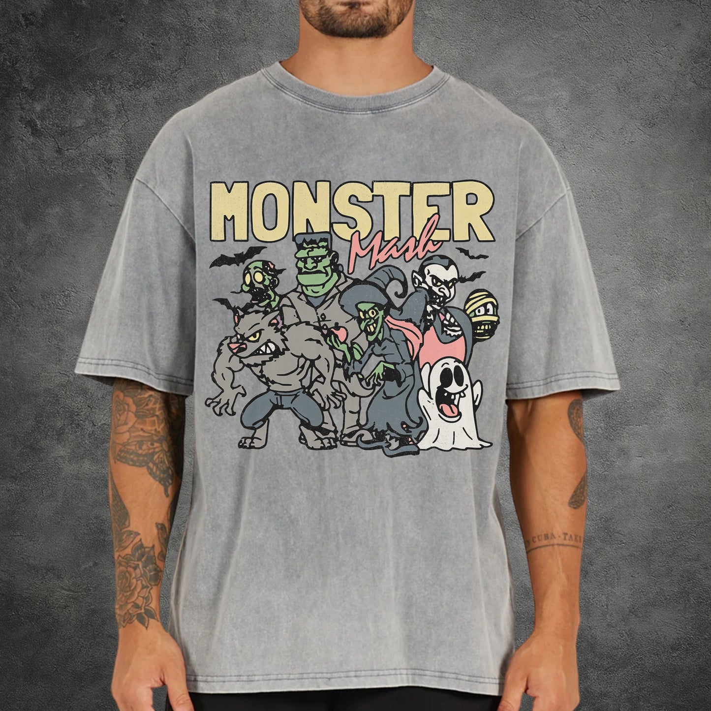 Monster Mash Vintage Washed 100% Cotton Halloween T-Shirt Classic Horror Characters Retro Tee